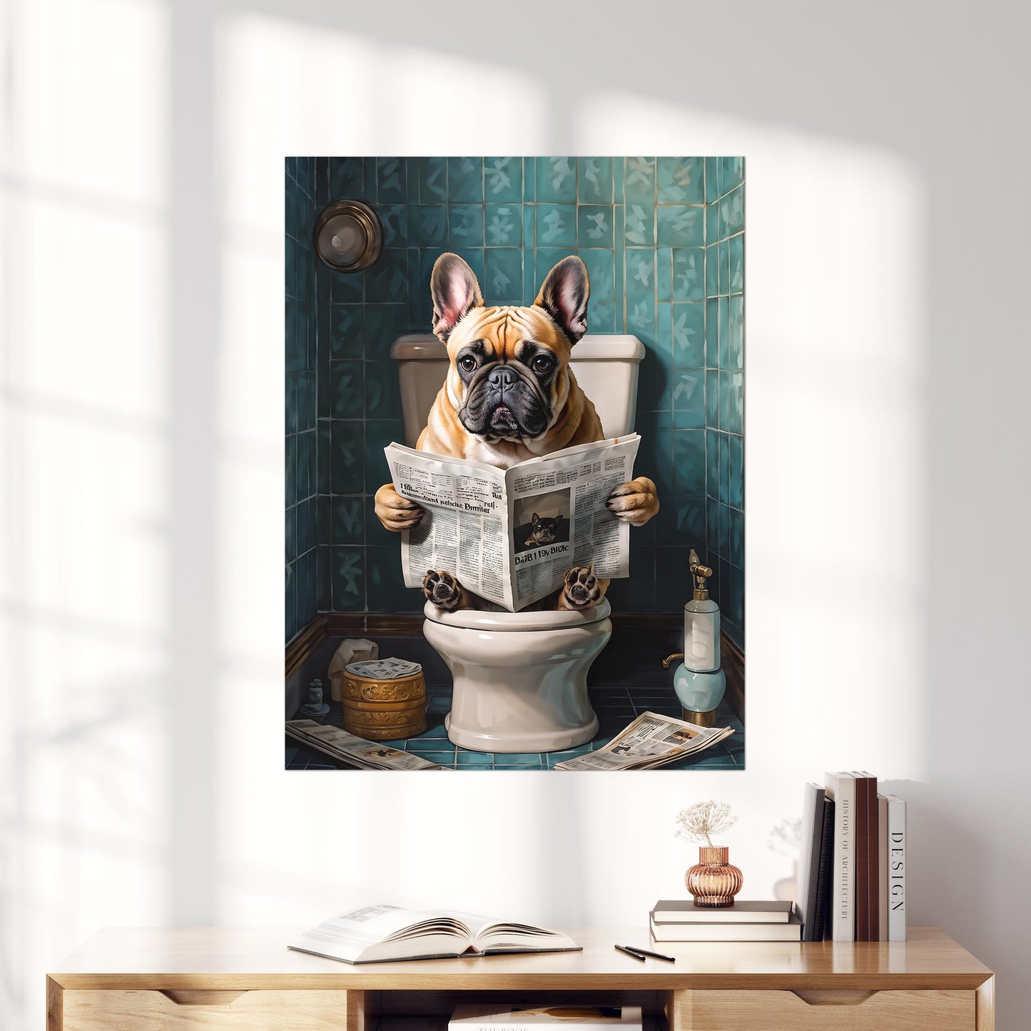 French Bulldog Reading a Newspaper on the Toilet