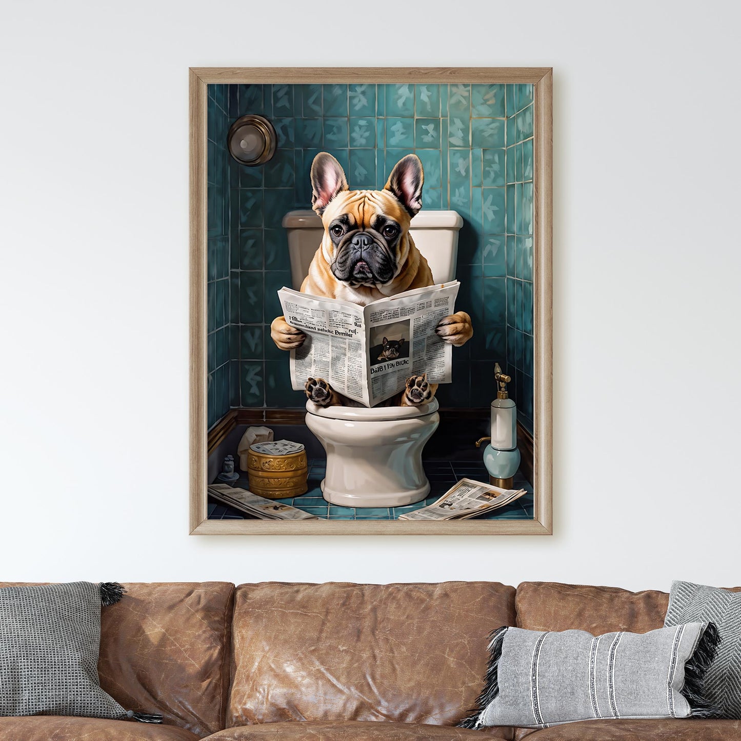 French Bulldog Reading a Newspaper on the Toilet