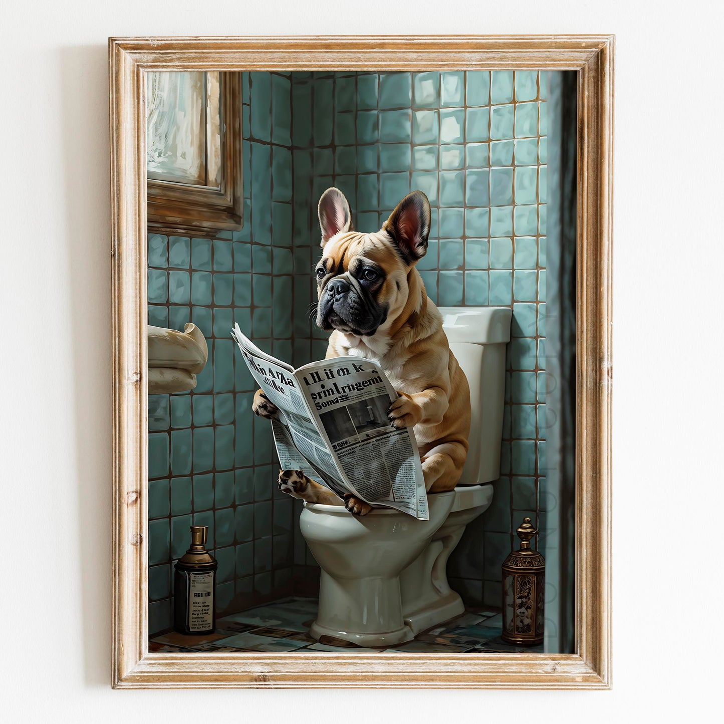 French Bulldog Reading a Newspaper on the Toilet