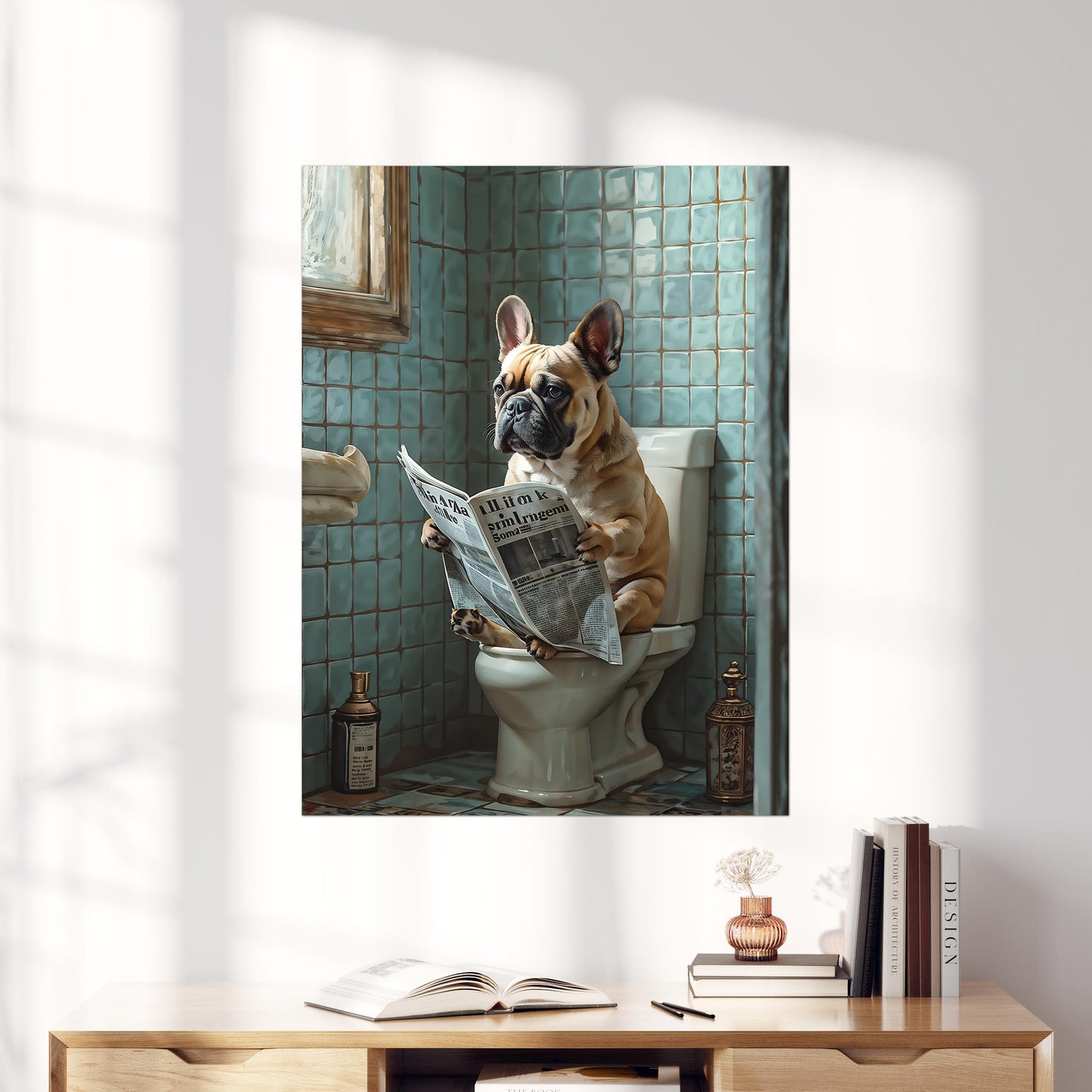 French Bulldog Reading a Newspaper on the Toilet