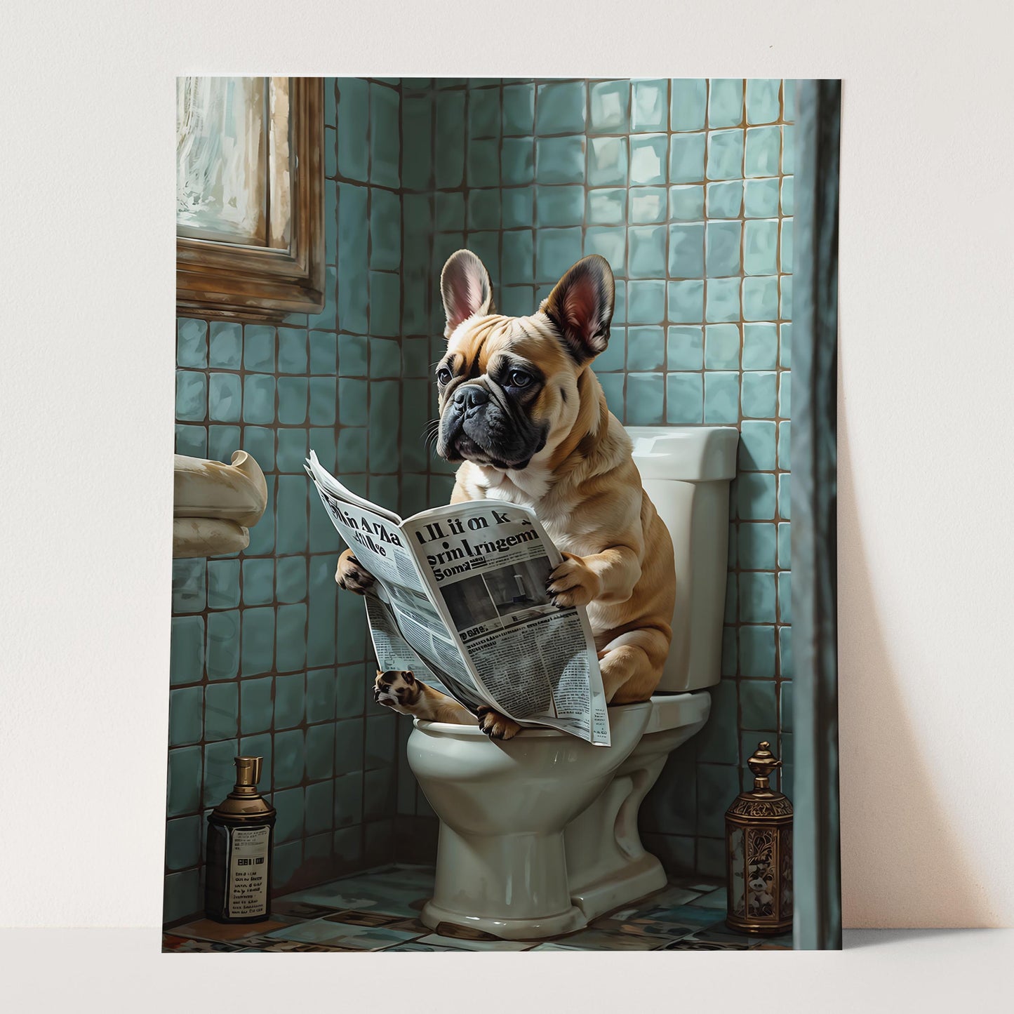 French Bulldog Reading a Newspaper on the Toilet