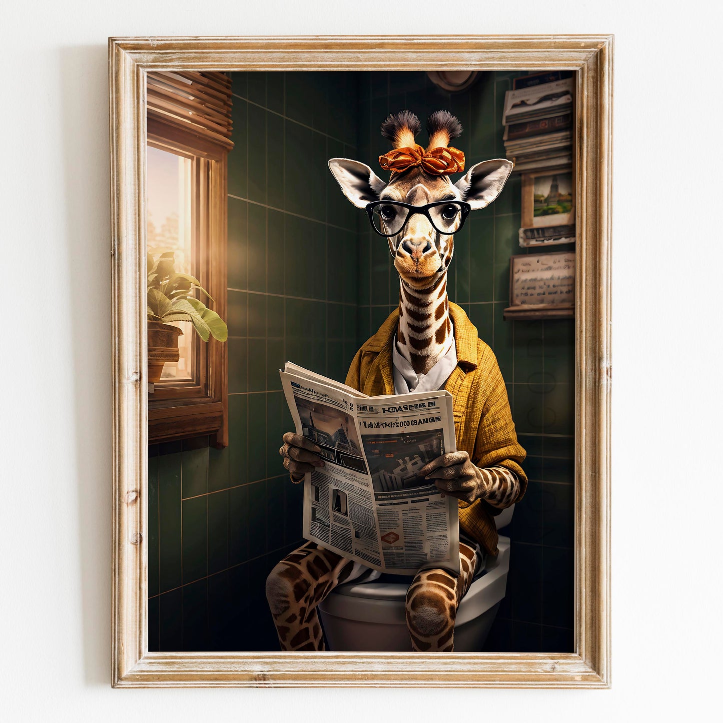 Giraffe Reading the Newspaper on the Toilet