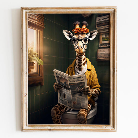 Giraffe Reading the Newspaper on the Toilet