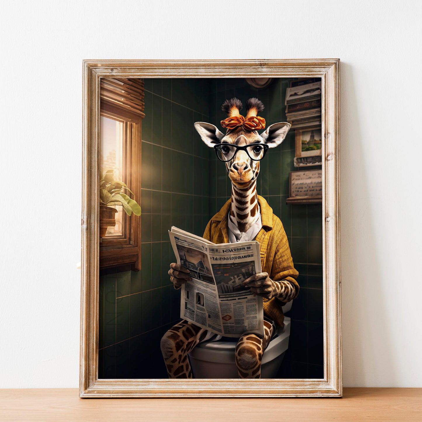 Giraffe Reading the Newspaper on the Toilet
