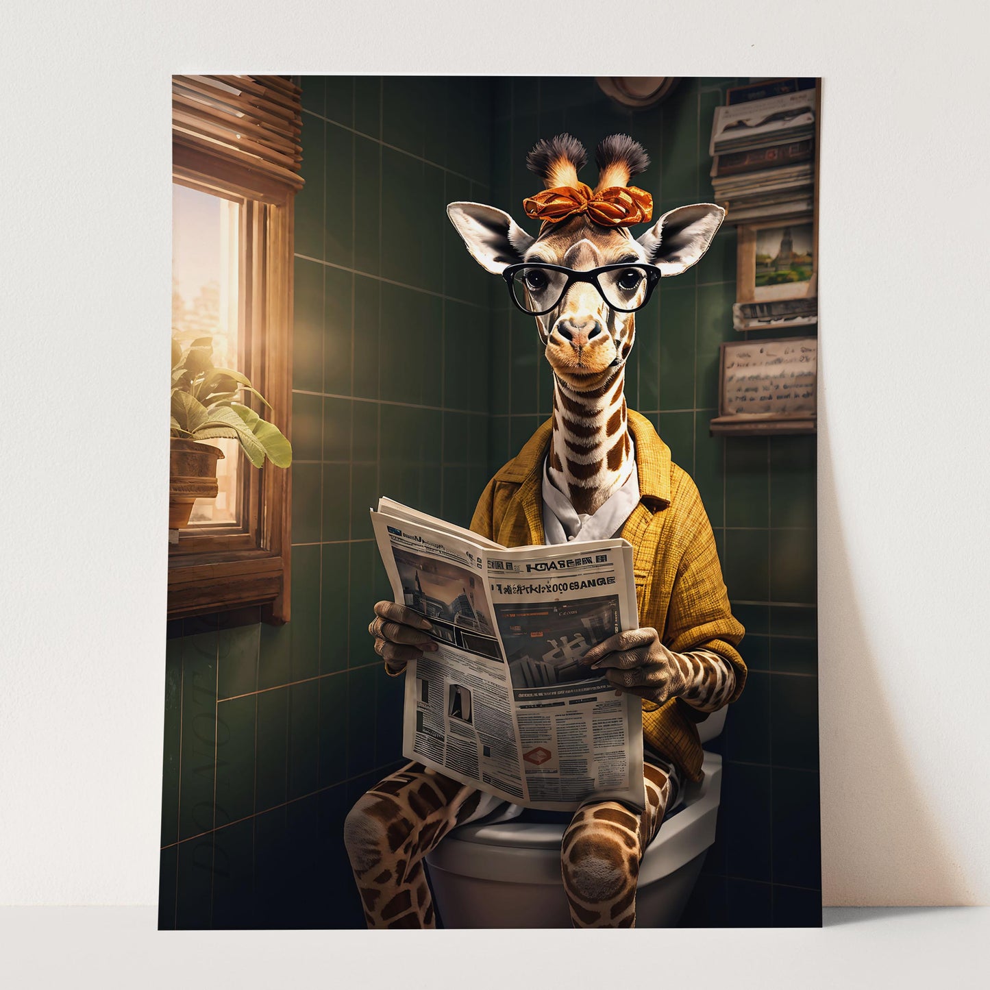 Giraffe Reading the Newspaper on the Toilet
