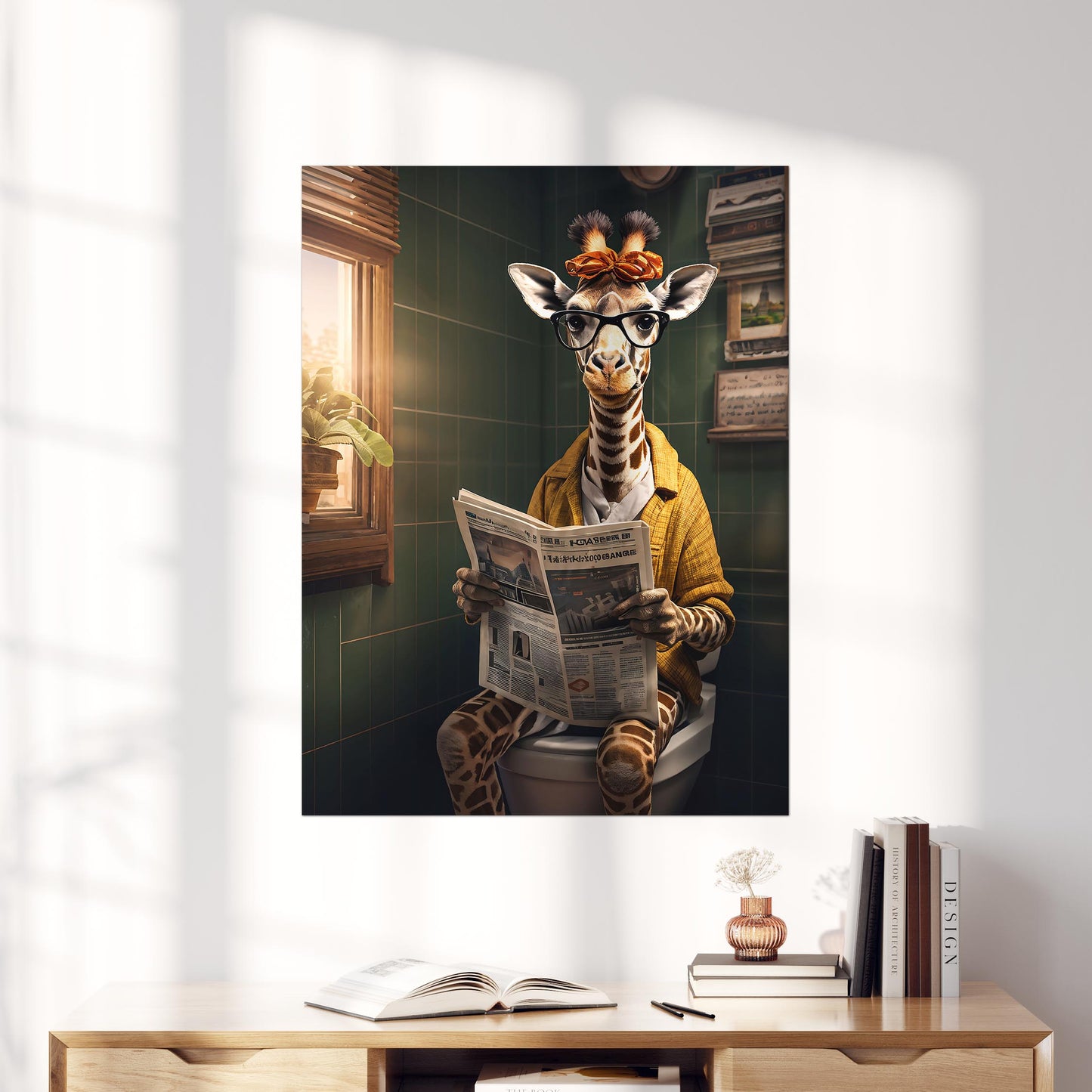 Giraffe Reading the Newspaper on the Toilet