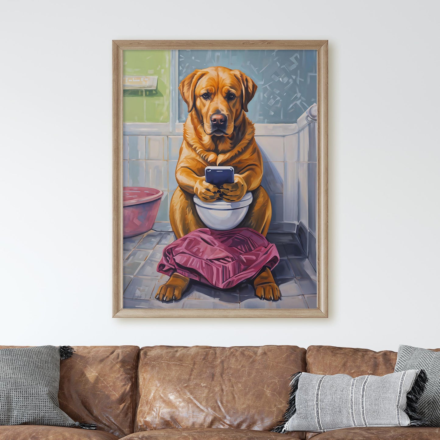Golden Labrador Retriever on the Phone on the Toilet