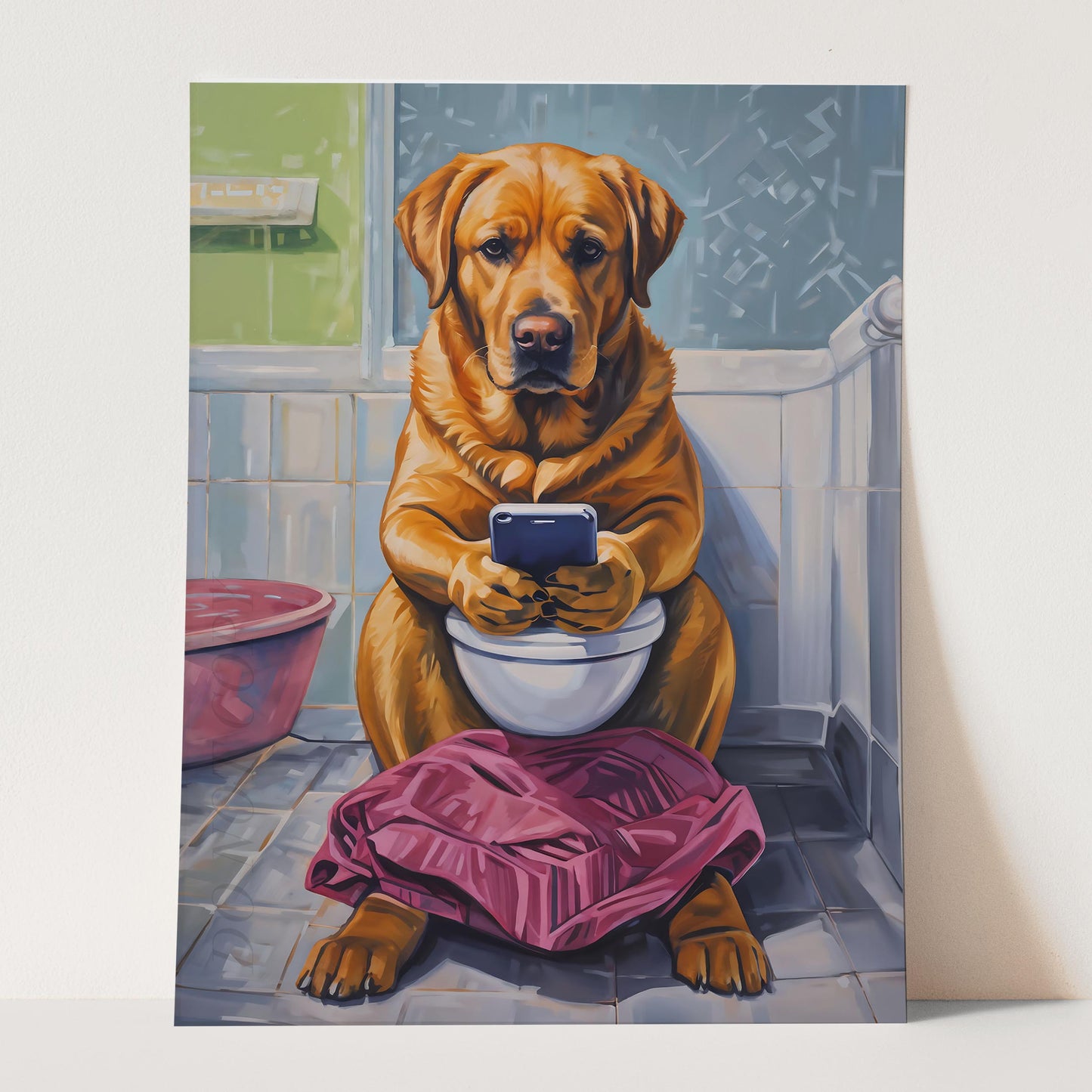 Golden Labrador Retriever on the Phone on the Toilet