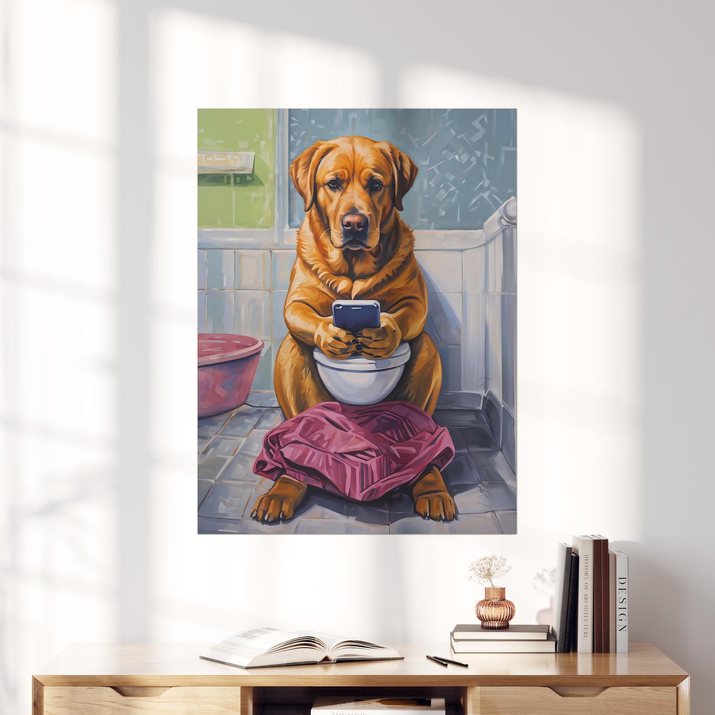 Golden Labrador Retriever on the Phone on the Toilet