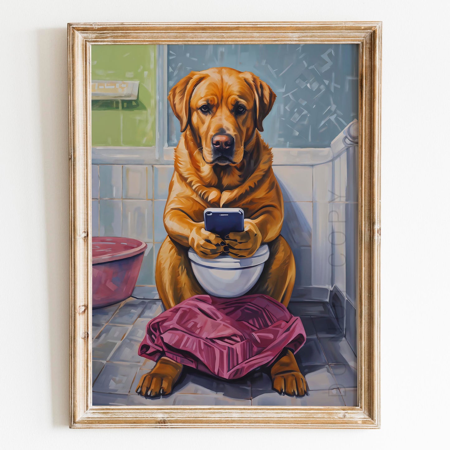 Golden Labrador Retriever on the Phone on the Toilet