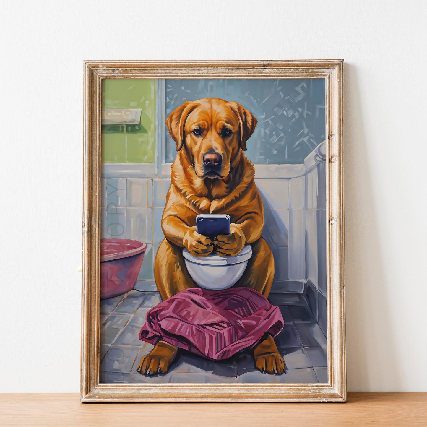Golden Labrador Retriever on the Phone on the Toilet