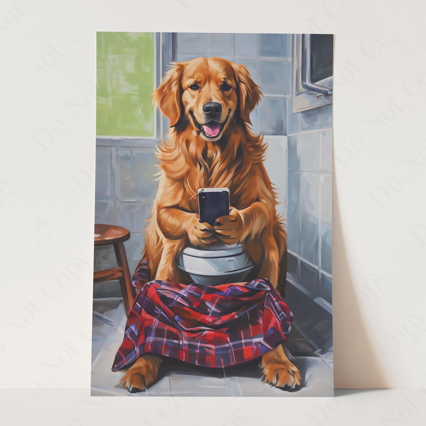 Golden Retriever On Phone On The Toilet