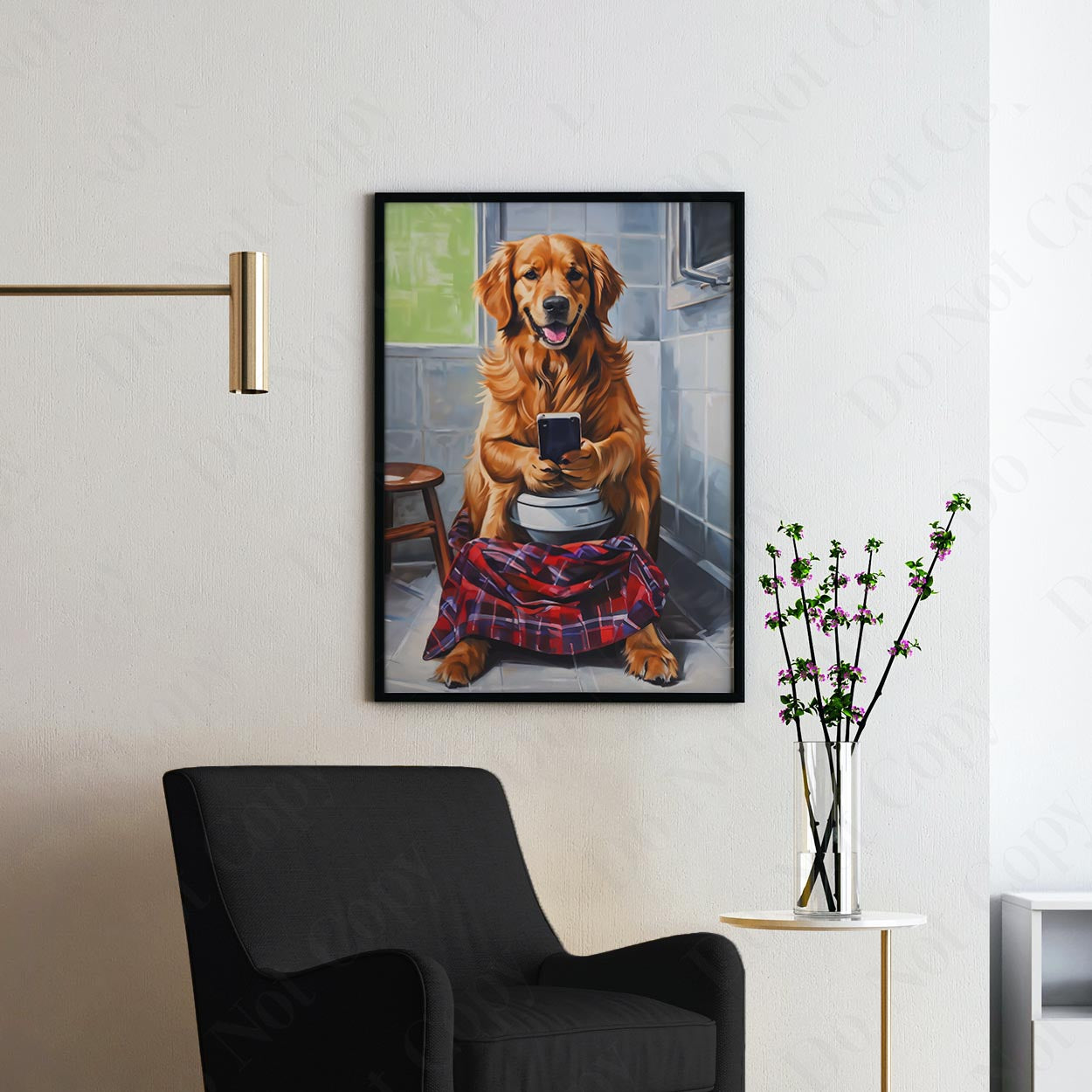 Golden Retriever On Phone On The Toilet