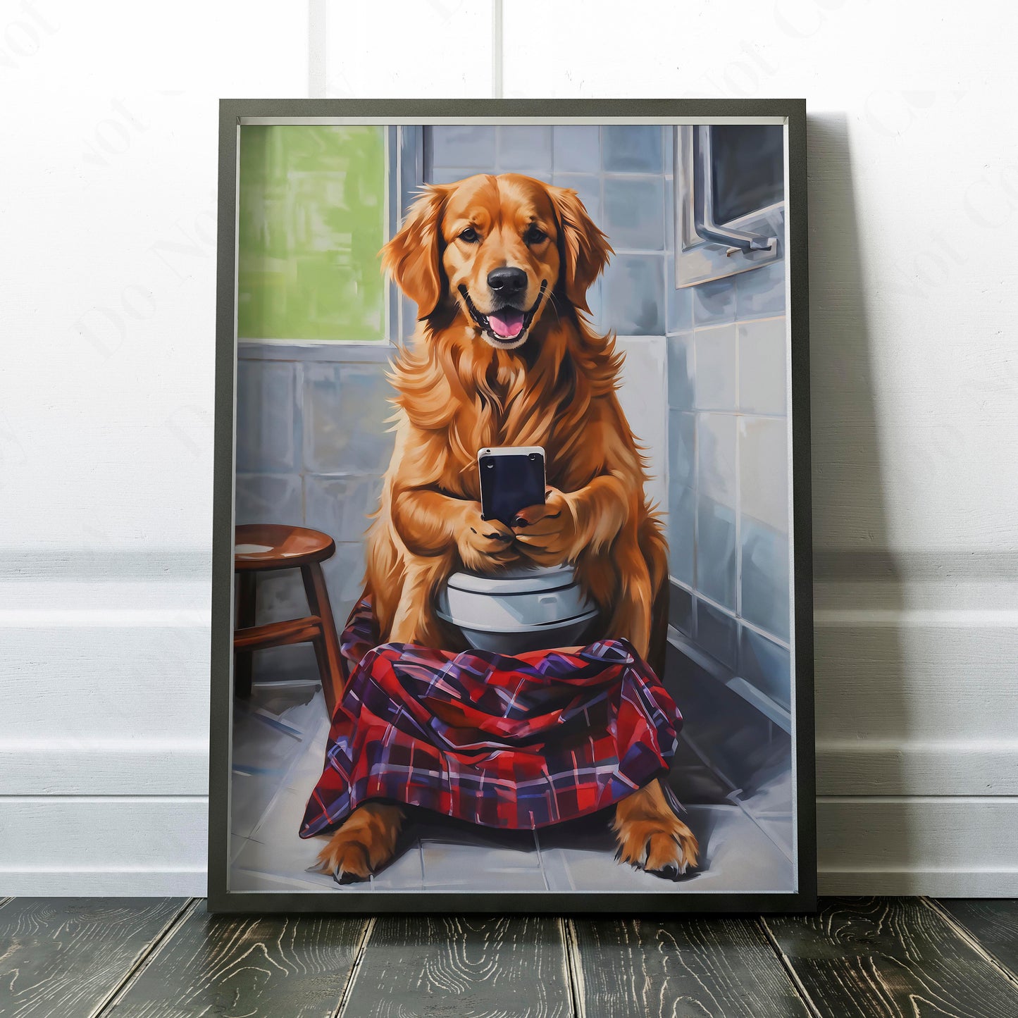 Golden Retriever On Phone On The Toilet