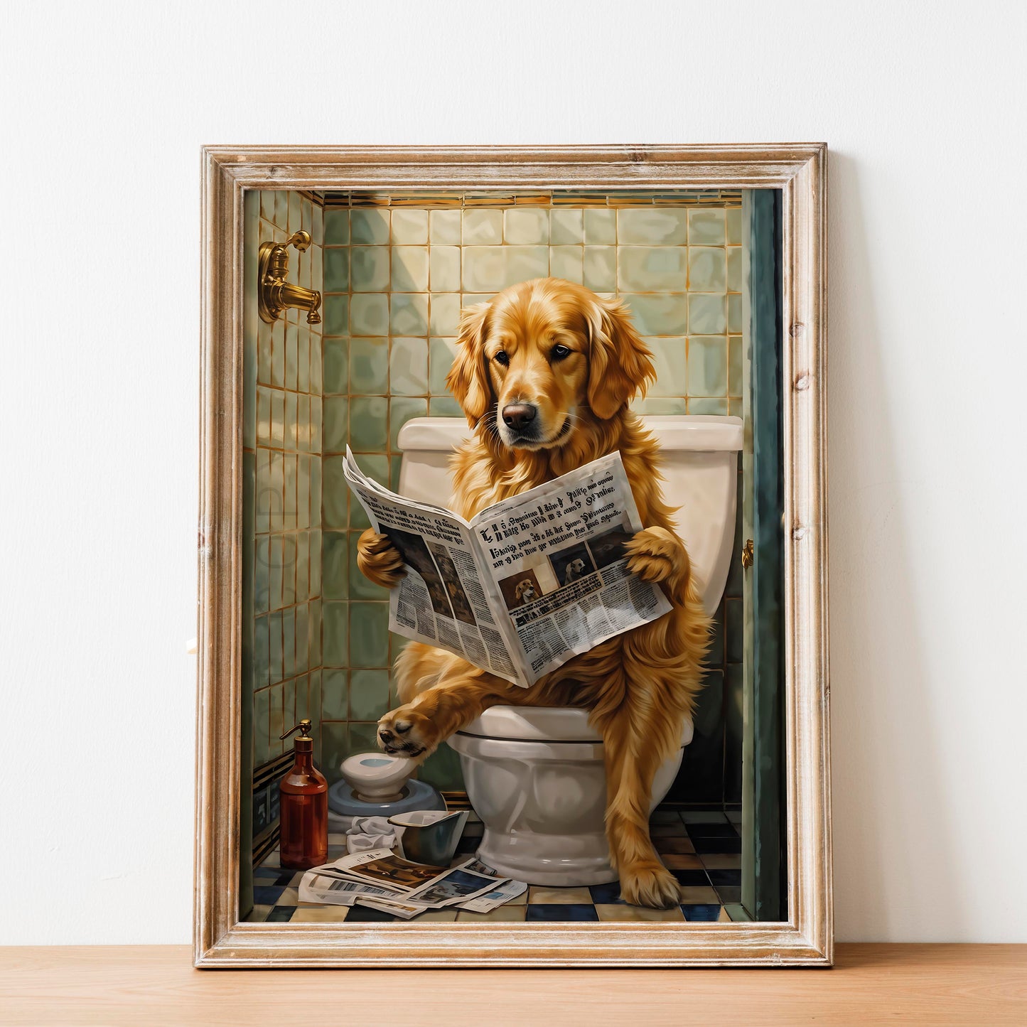 Golden Retriever Reading Newspaper on the Toilet