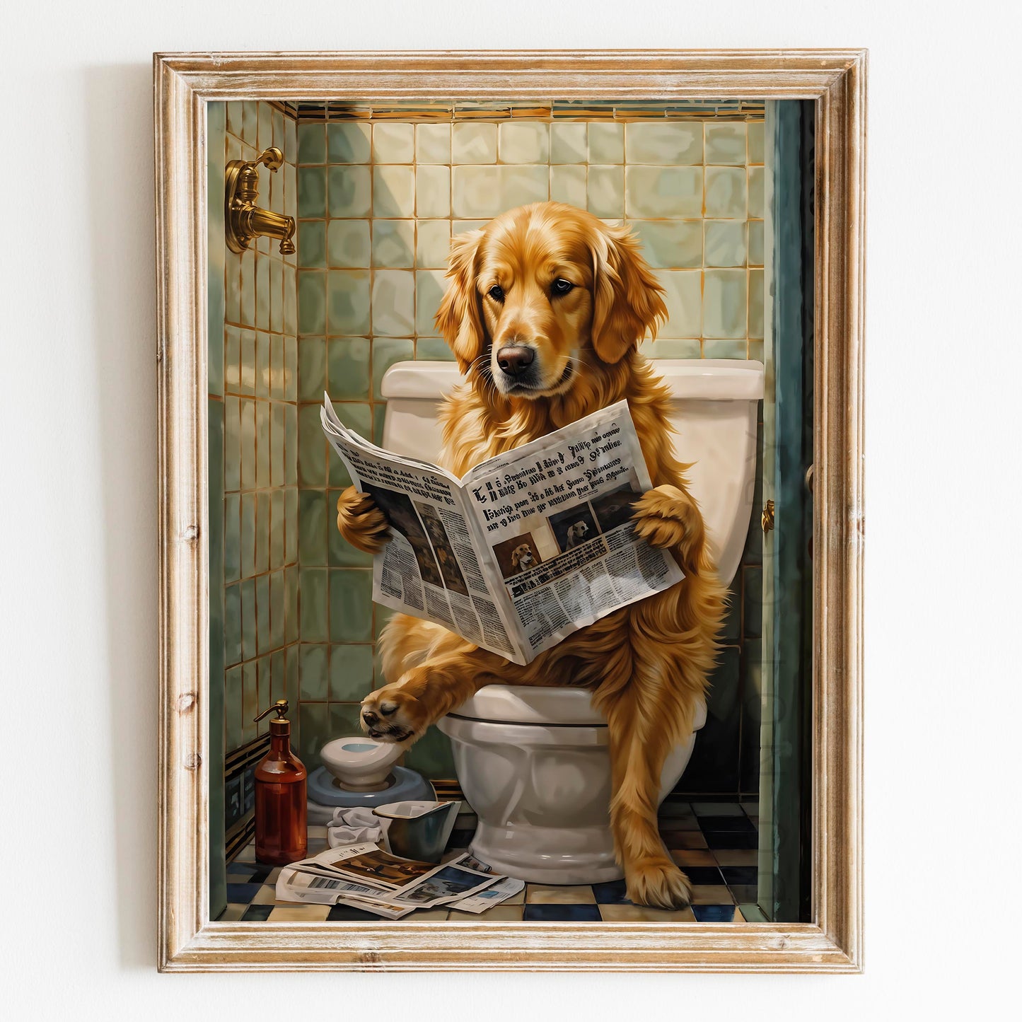 Golden Retriever Reading Newspaper on the Toilet