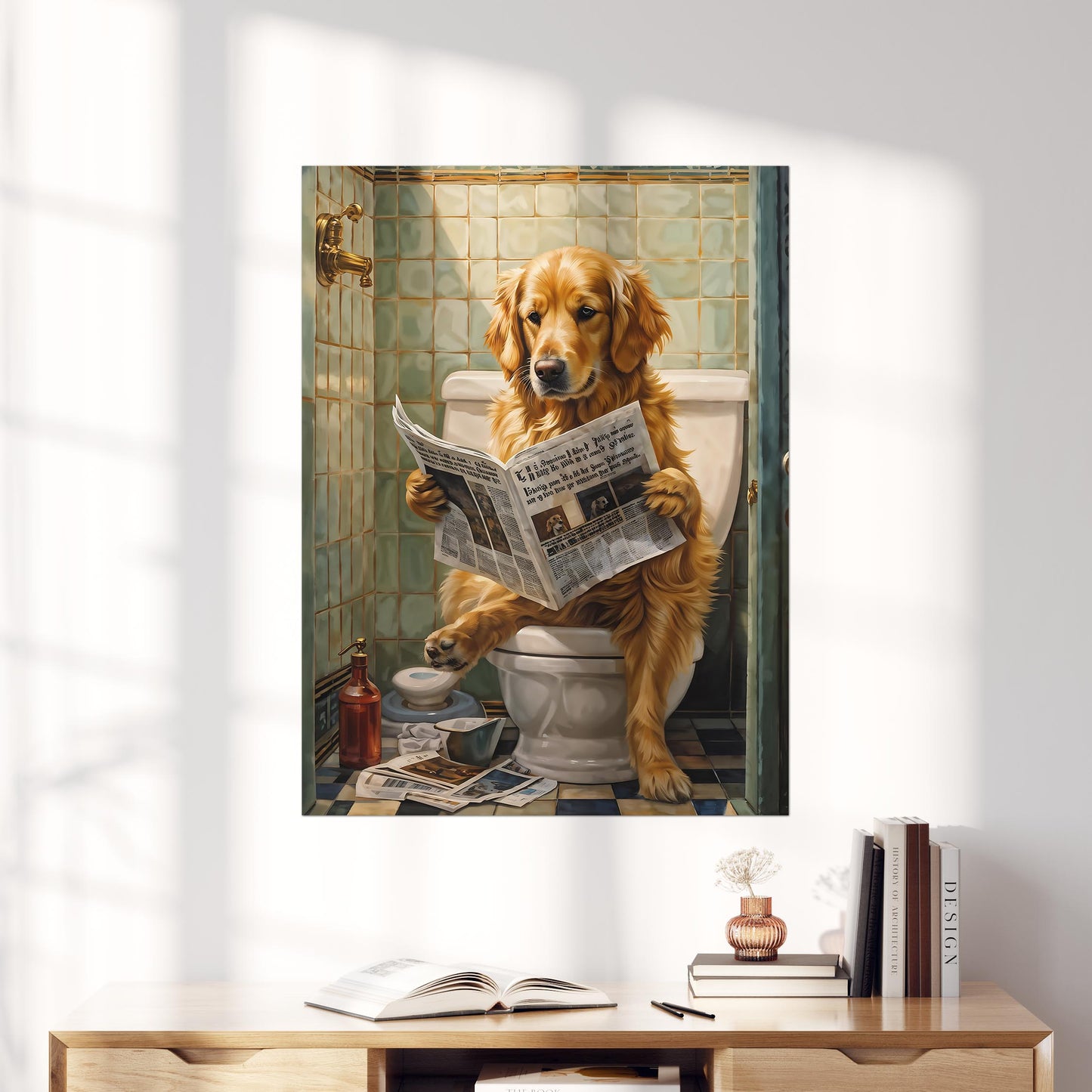 Golden Retriever Reading Newspaper on the Toilet
