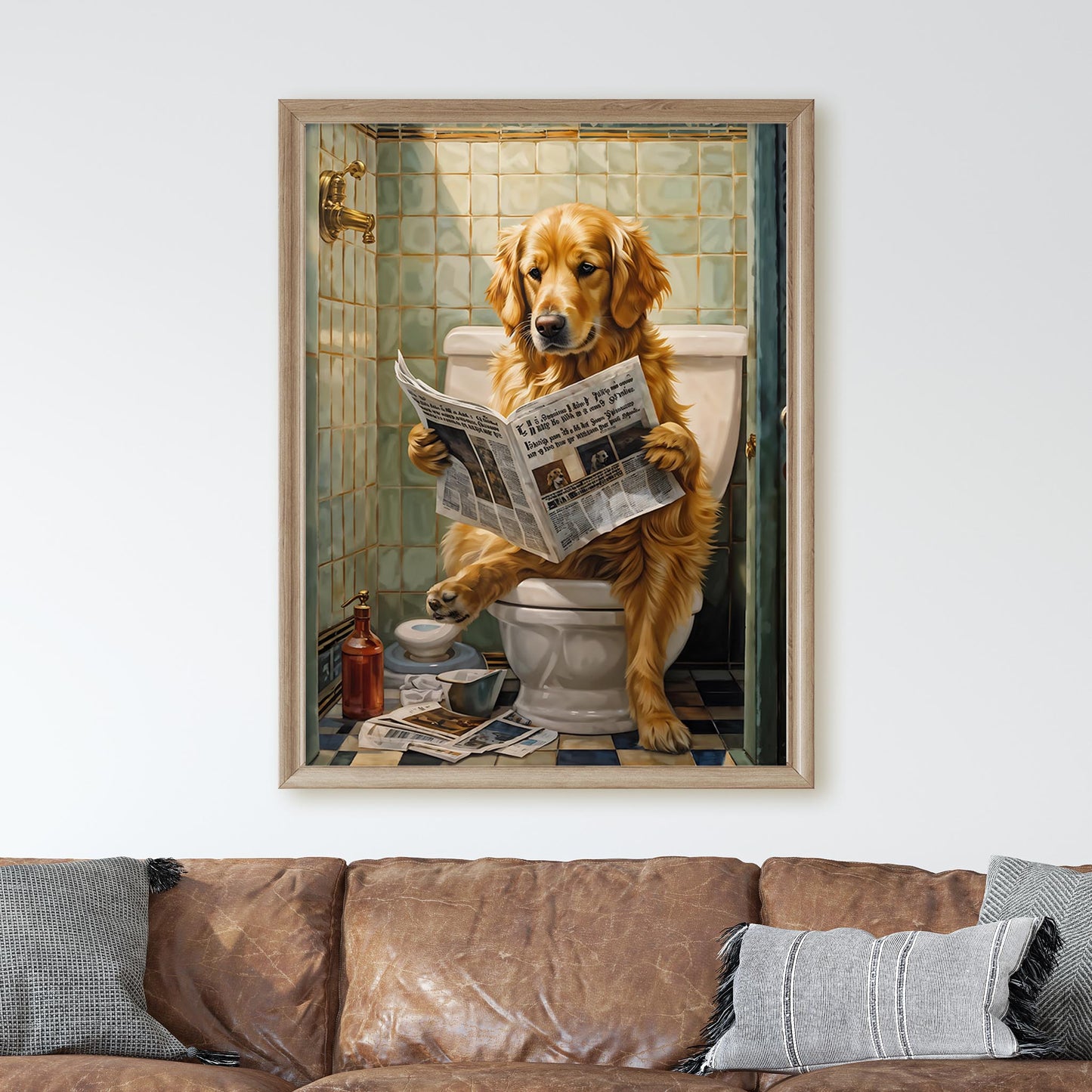 Golden Retriever Reading Newspaper on the Toilet