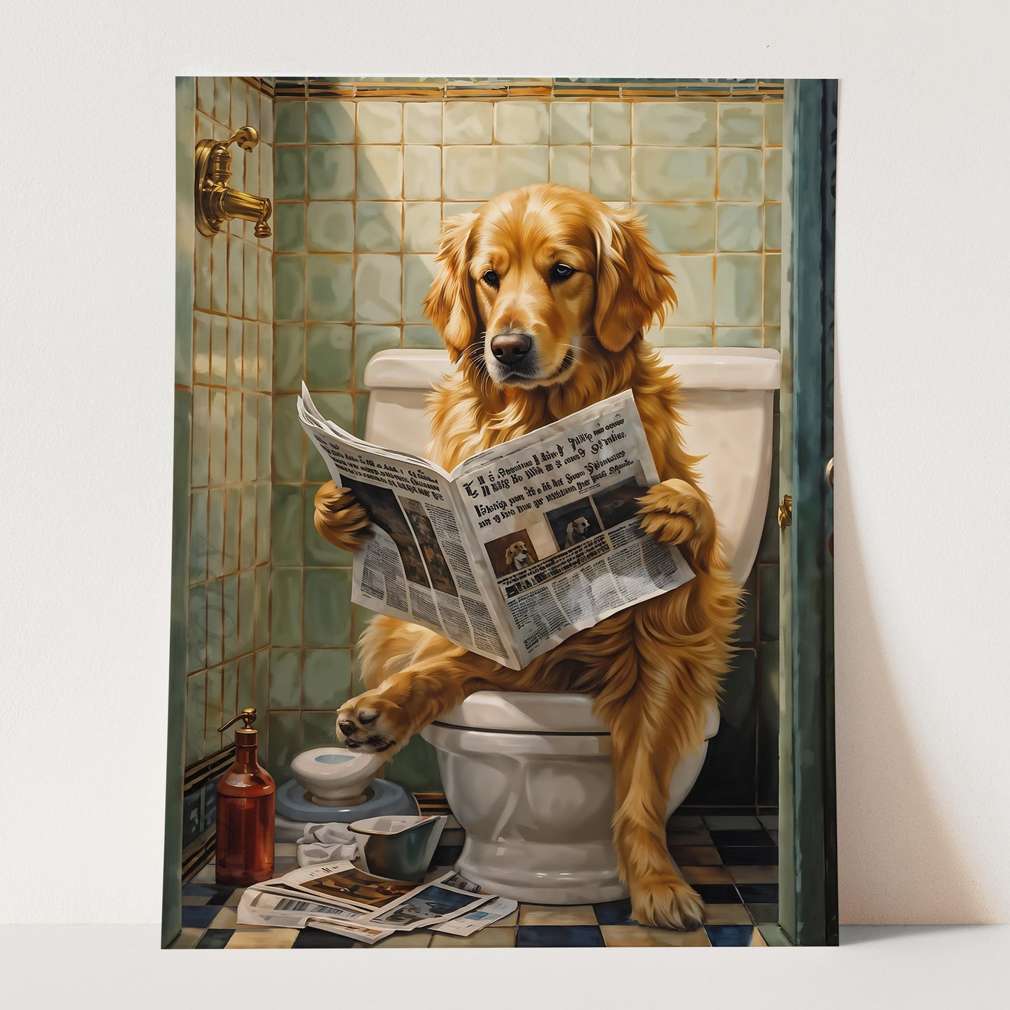 Golden Retriever Reading Newspaper on the Toilet