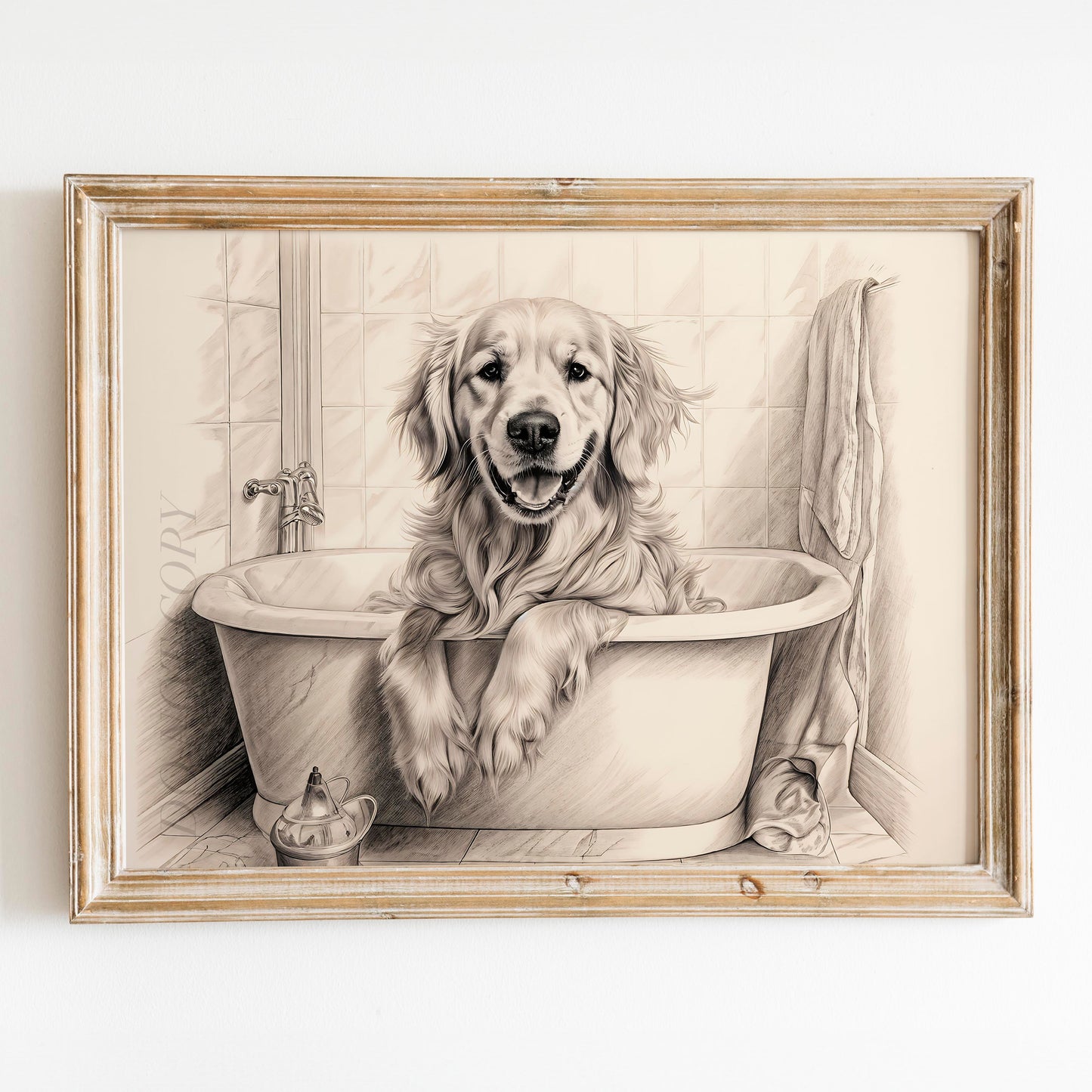 Golden Retriever Taking a Bath in the Bathtub