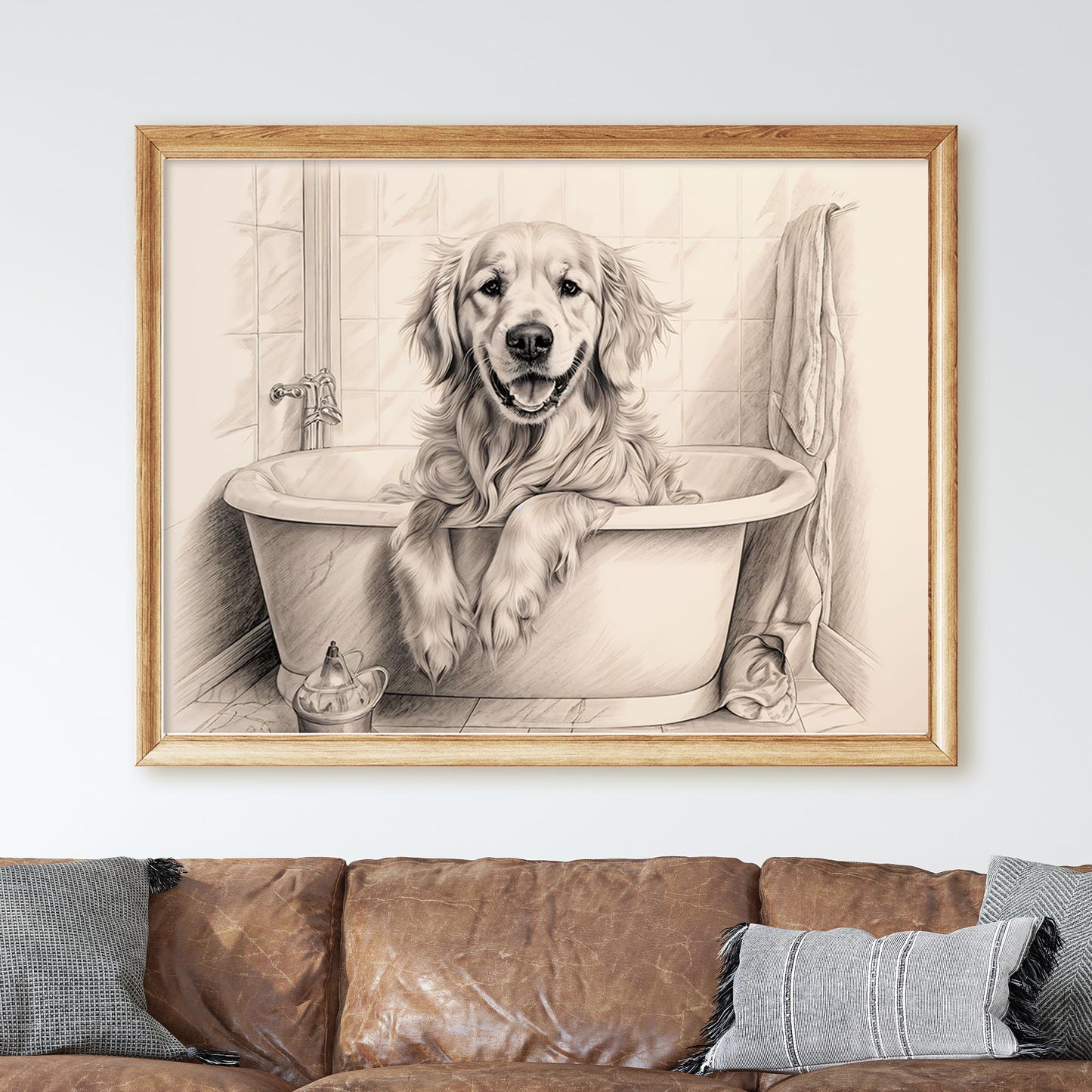 Golden Retriever Taking a Bath in the Bathtub