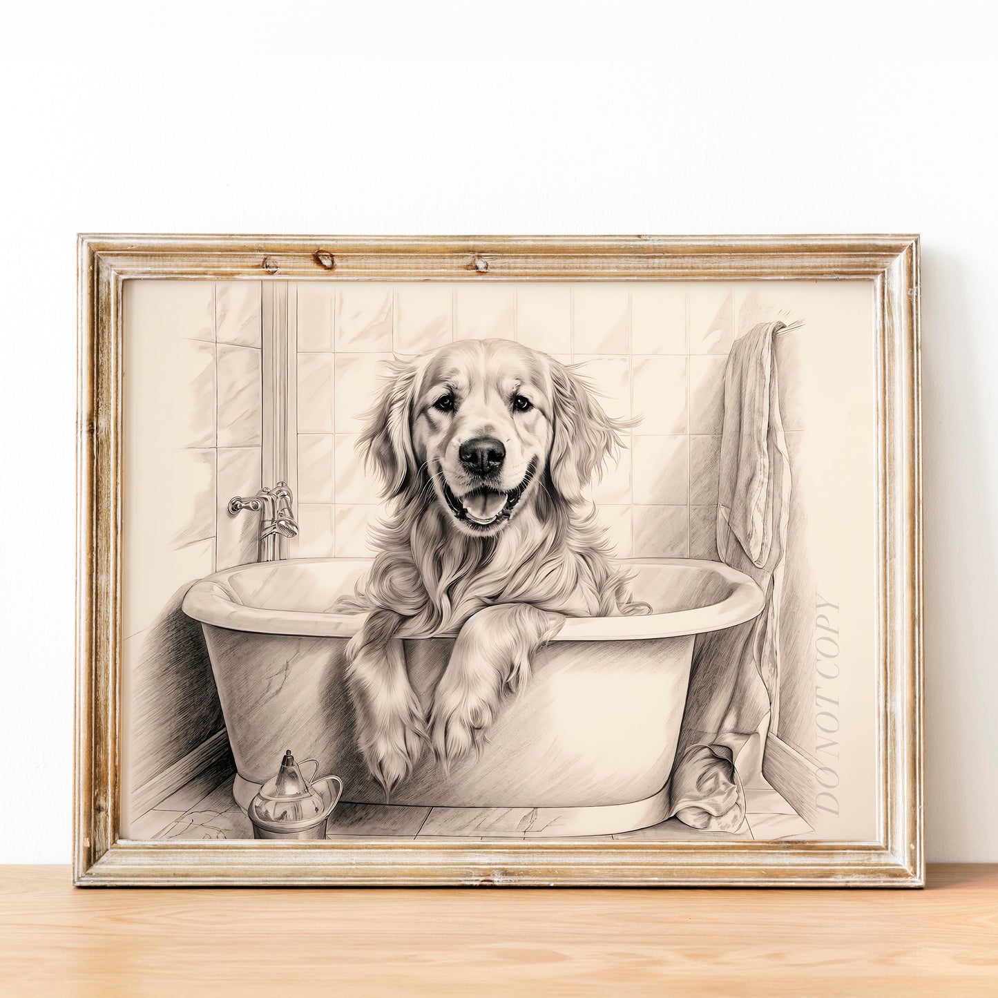 Golden Retriever Taking a Bath in the Bathtub