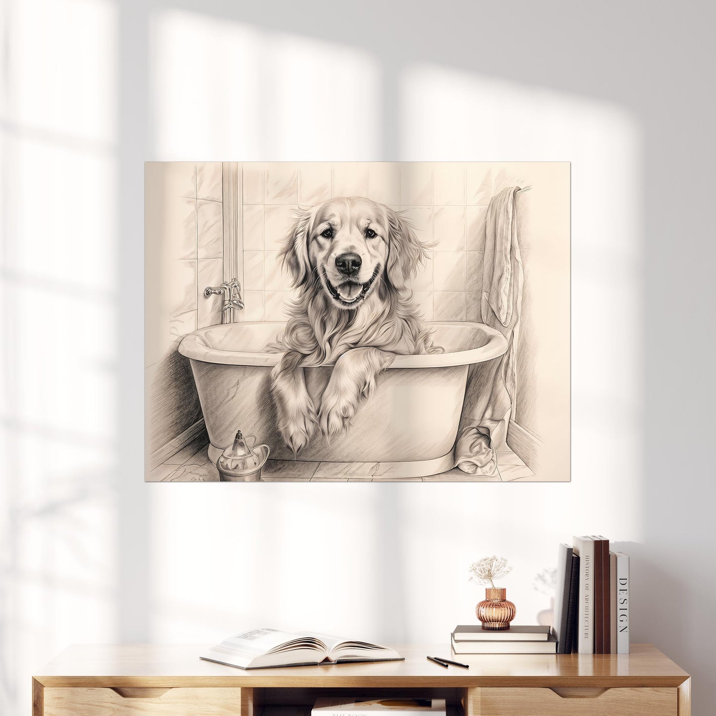 Golden Retriever Taking a Bath in the Bathtub