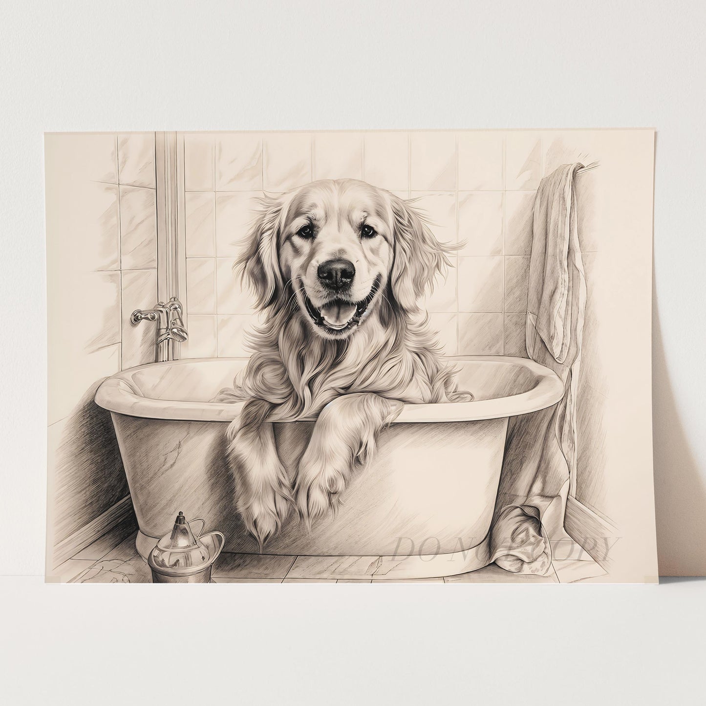 Golden Retriever Taking a Bath in the Bathtub