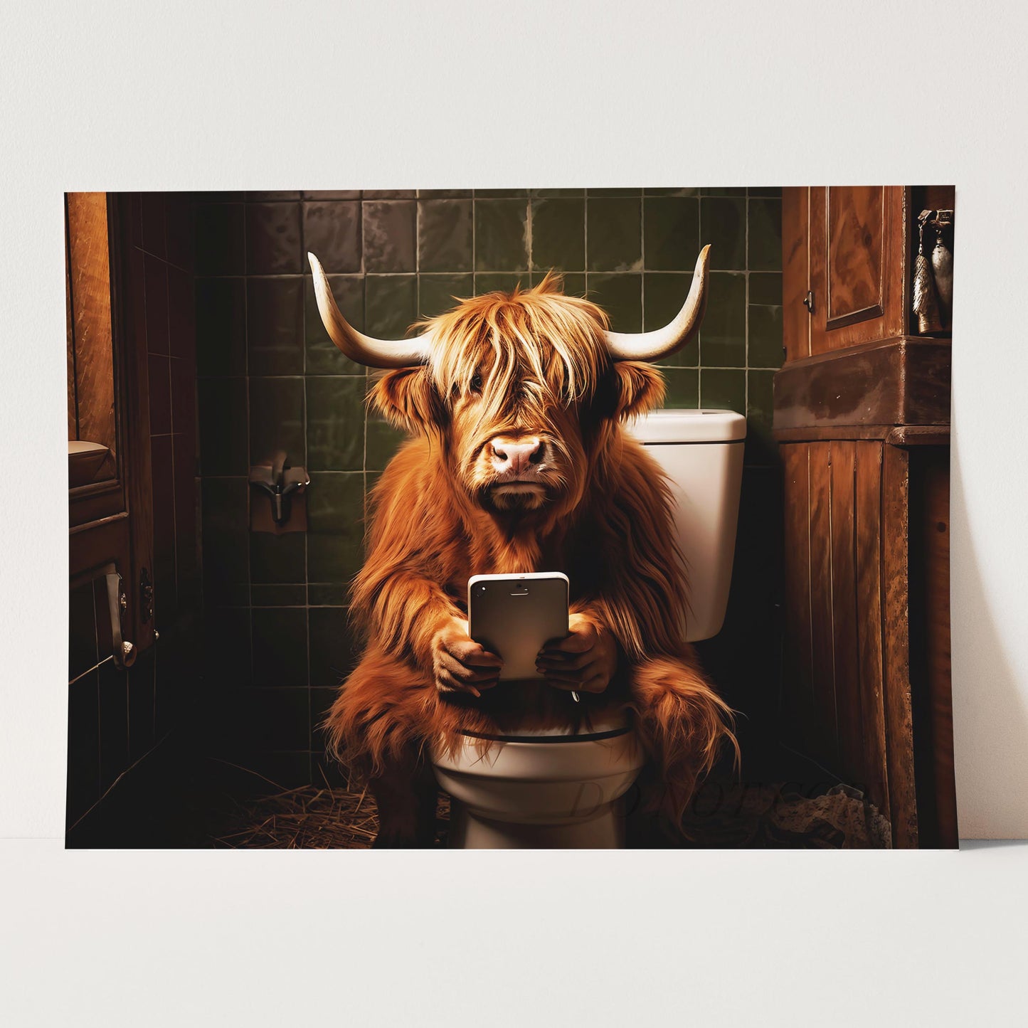 Highland Cow on the Phone on the Toilet