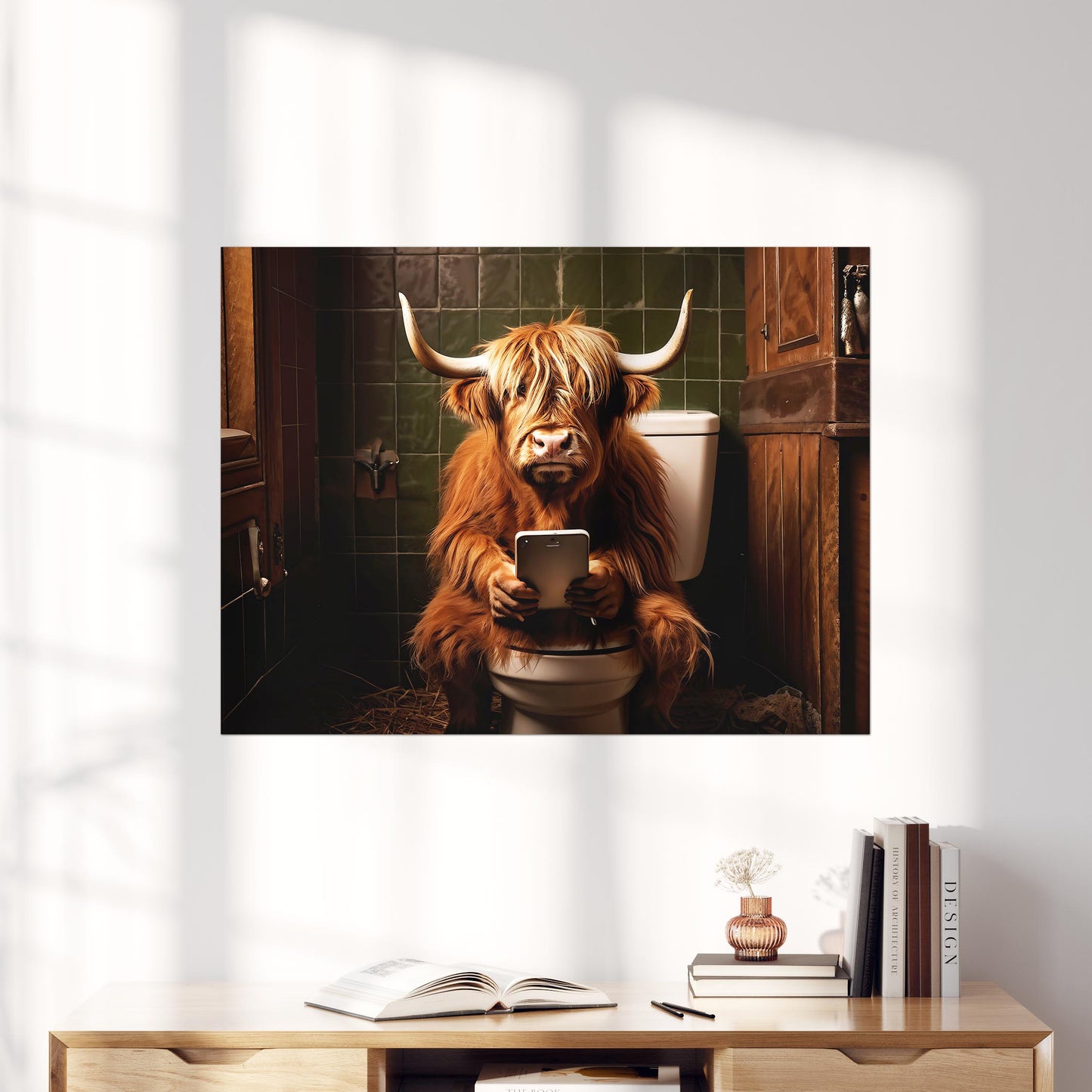 Highland Cow on the Phone on the Toilet