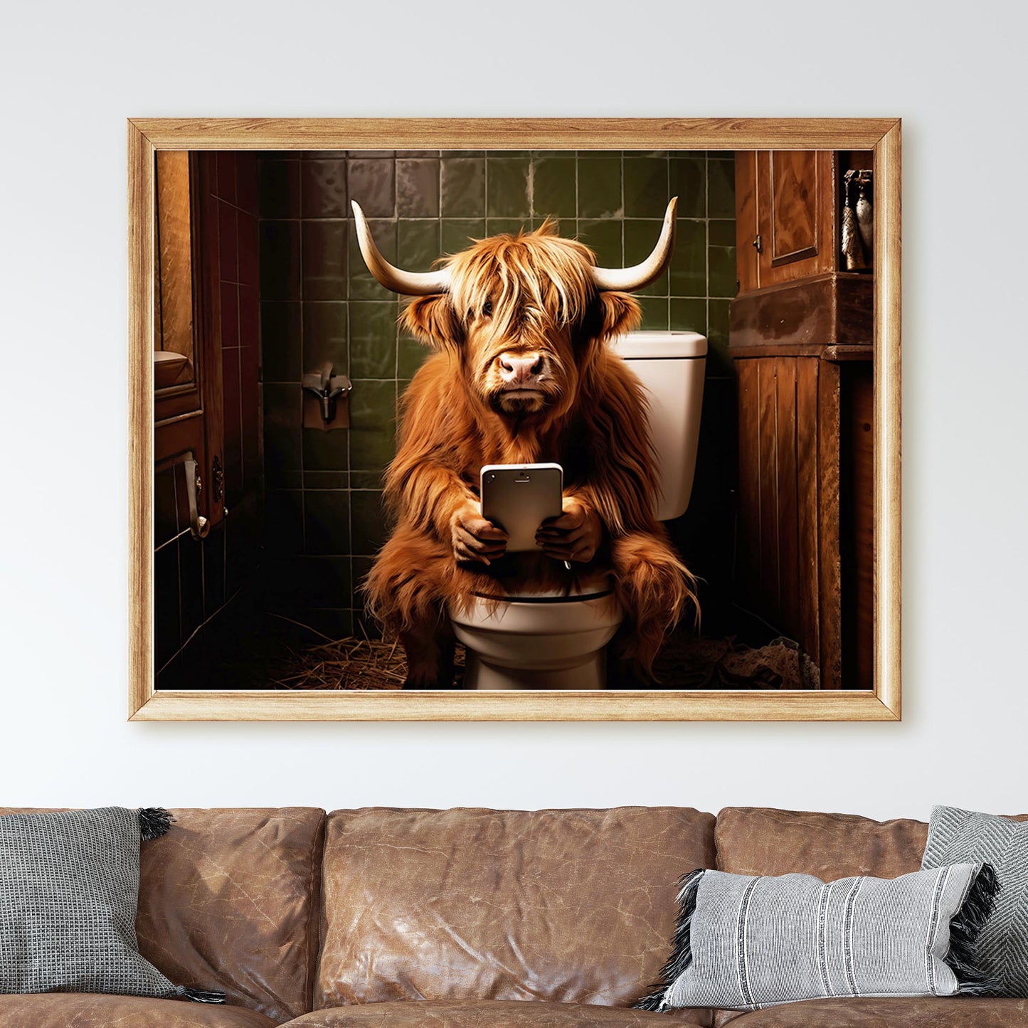 Highland Cow on the Phone on the Toilet