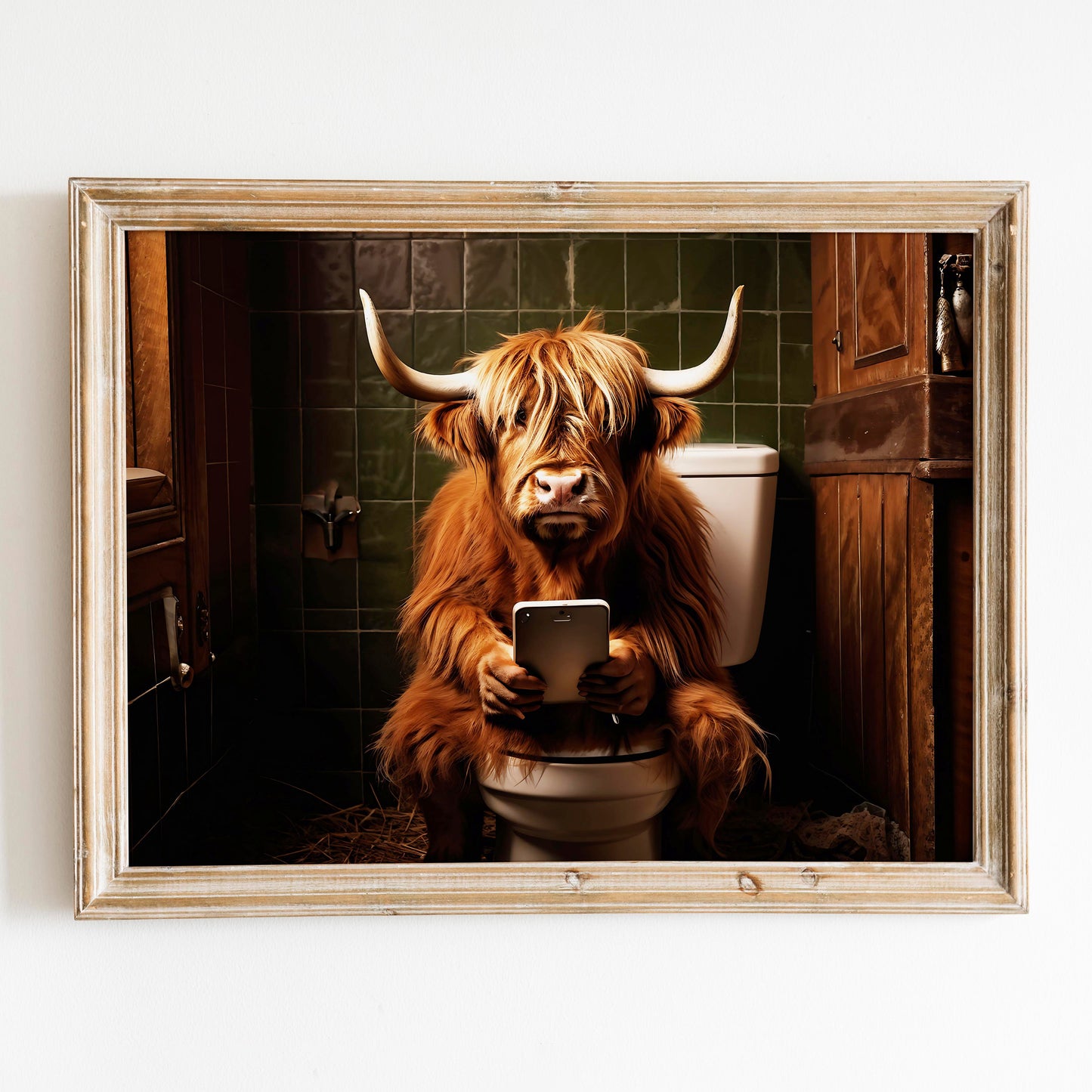 Highland Cow on the Phone on the Toilet