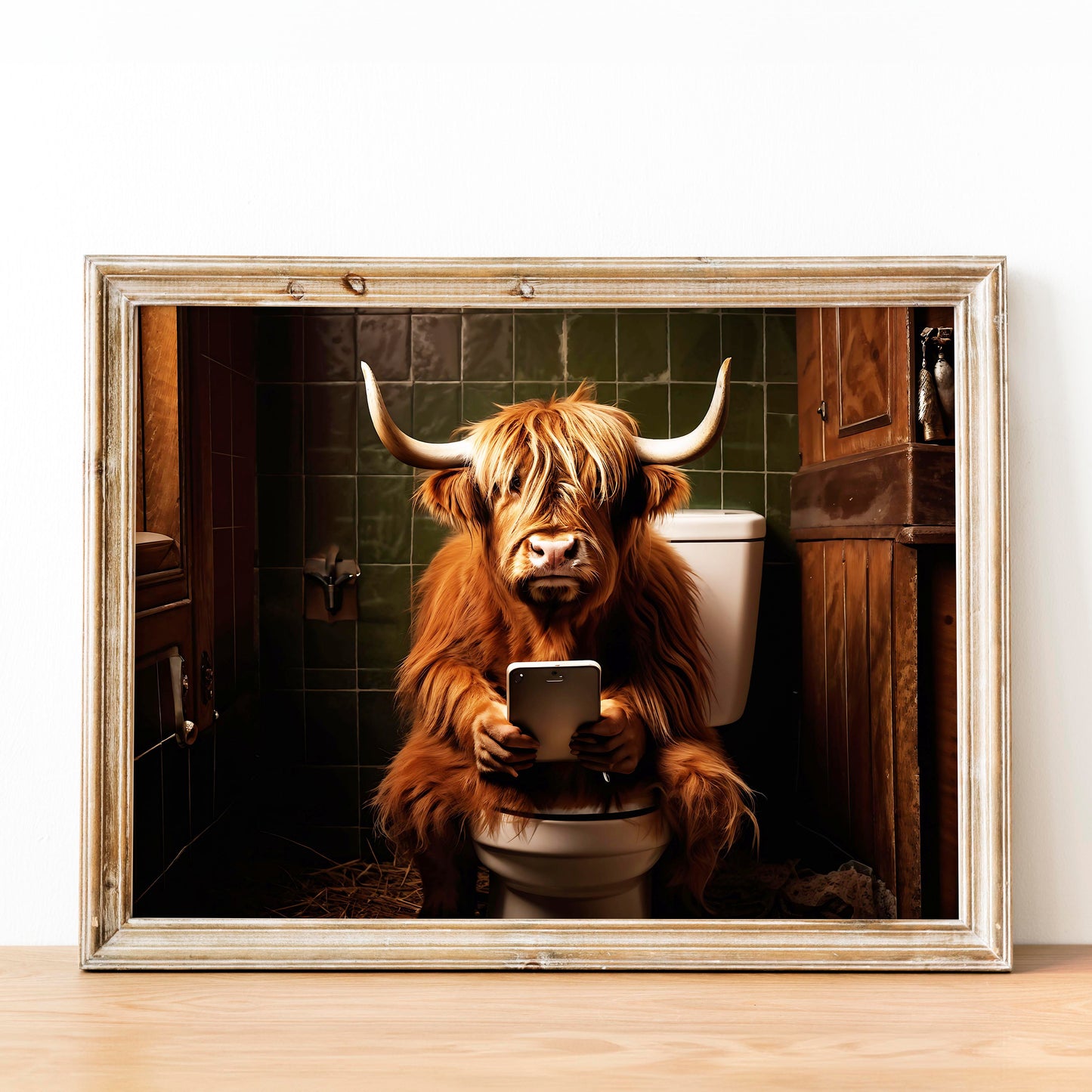 Highland Cow on the Phone on the Toilet