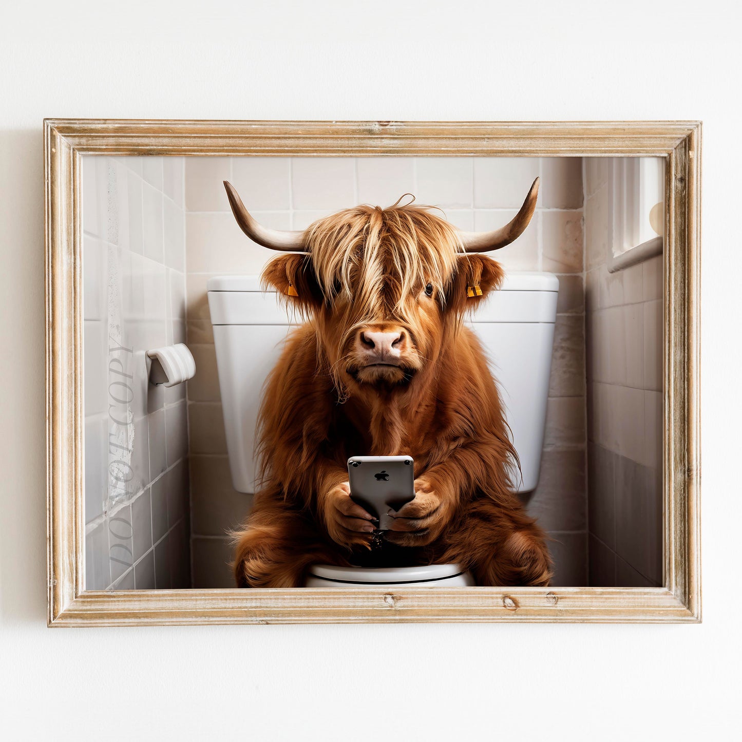 Highland Cow on the Phone on the Toilet