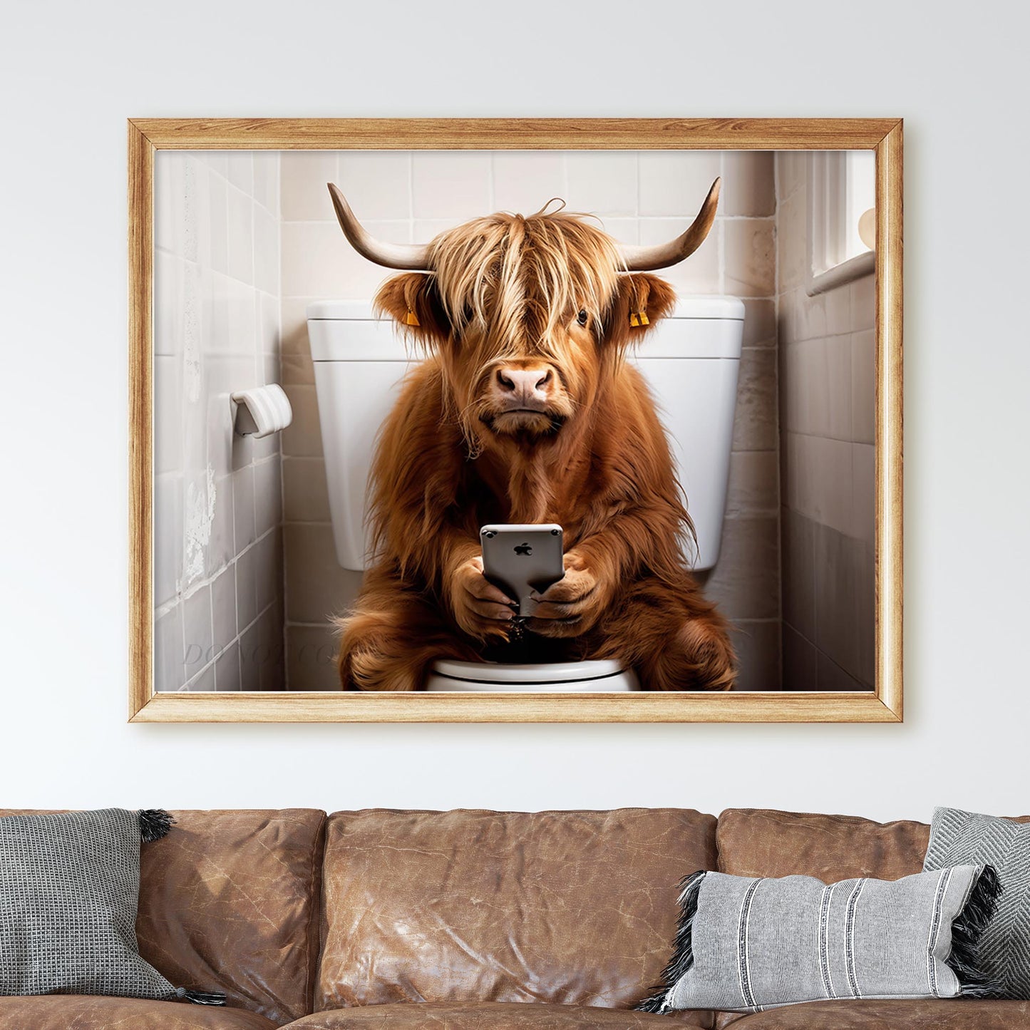 Highland Cow on the Phone on the Toilet