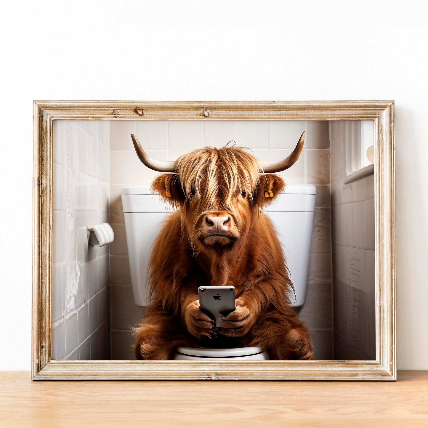 Highland Cow on the Phone on the Toilet