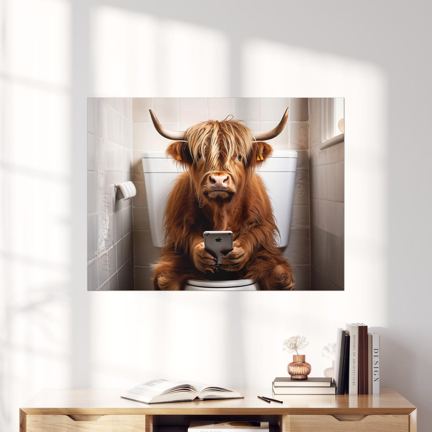 Highland Cow on the Phone on the Toilet