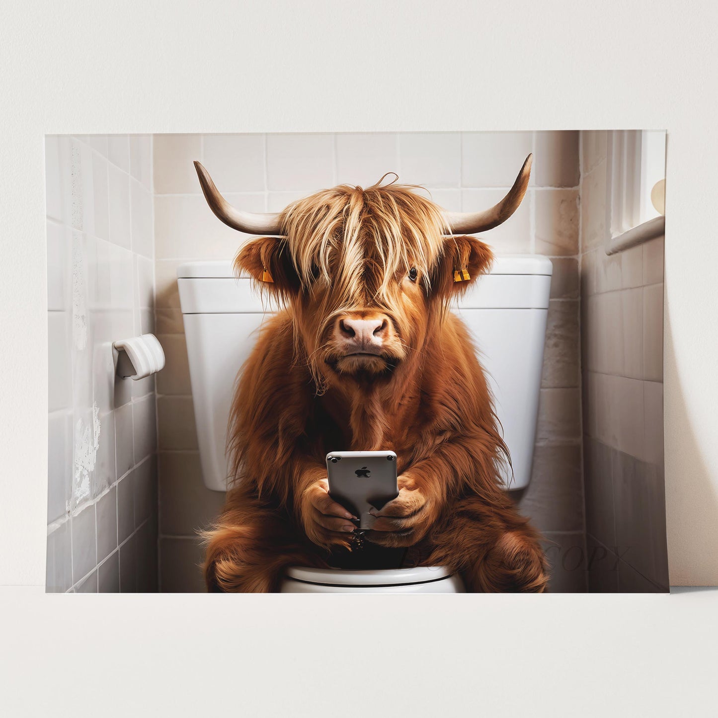 Highland Cow on the Phone on the Toilet