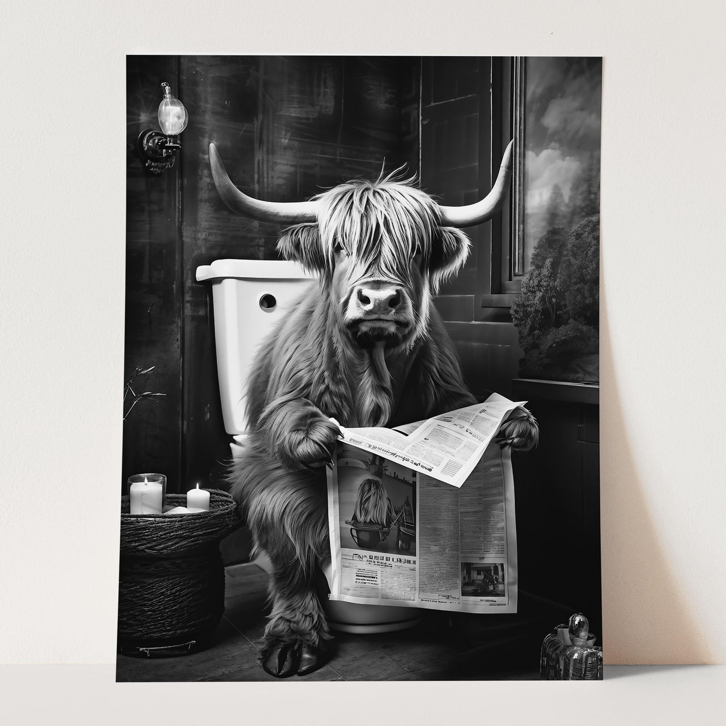 Highland Cow Reading the Newspaper on the Toilet