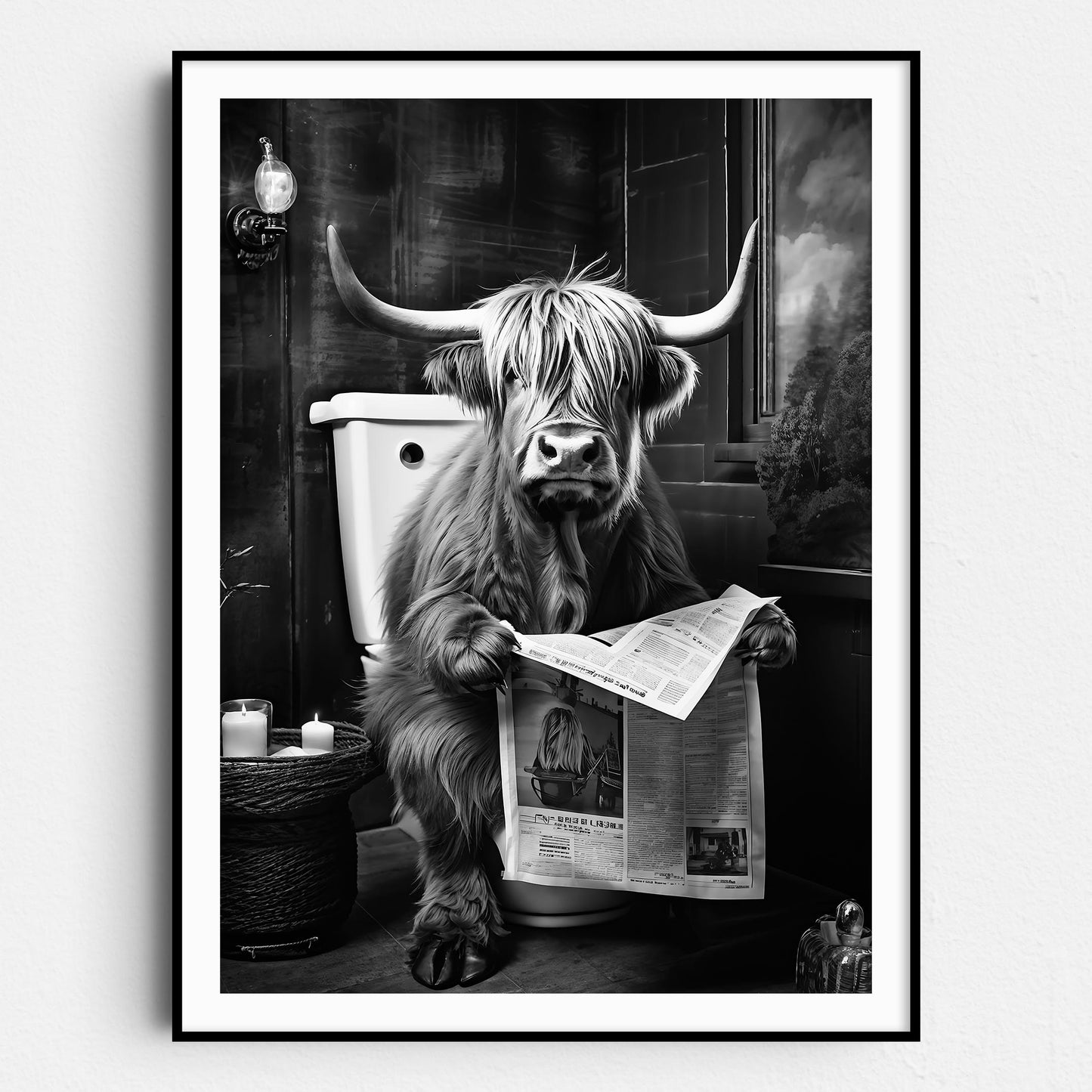 Highland Cow Reading the Newspaper on the Toilet