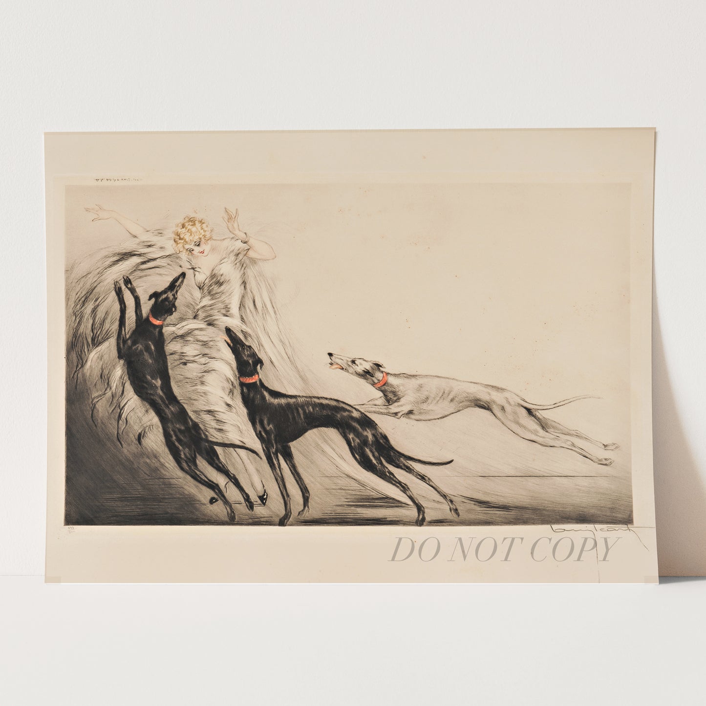 Icart Art Deco Fashion Lady Greyhound Dogs Coursing by Louis Icart