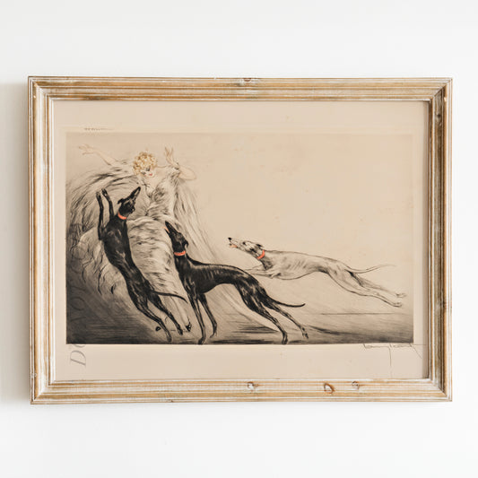 Icart Art Deco Fashion Lady Greyhound Dogs Coursing by Louis Icart