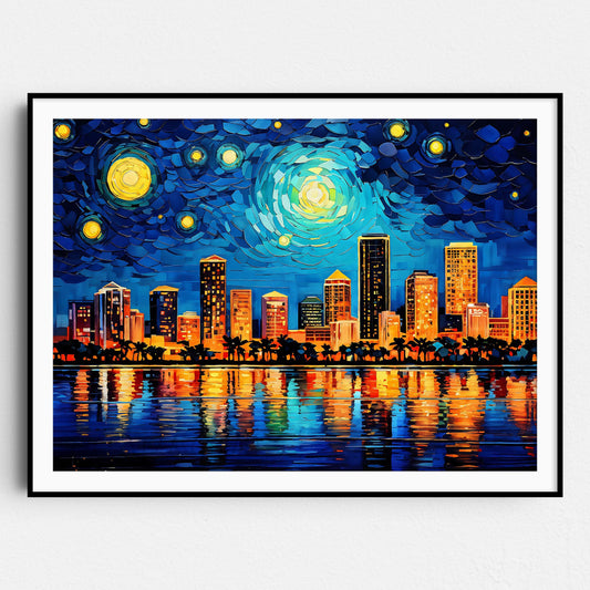 Miami City Skyline as Van Gogh Starry Night