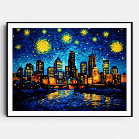 Minneapolis City Skyline as Van Gogh Starry Night