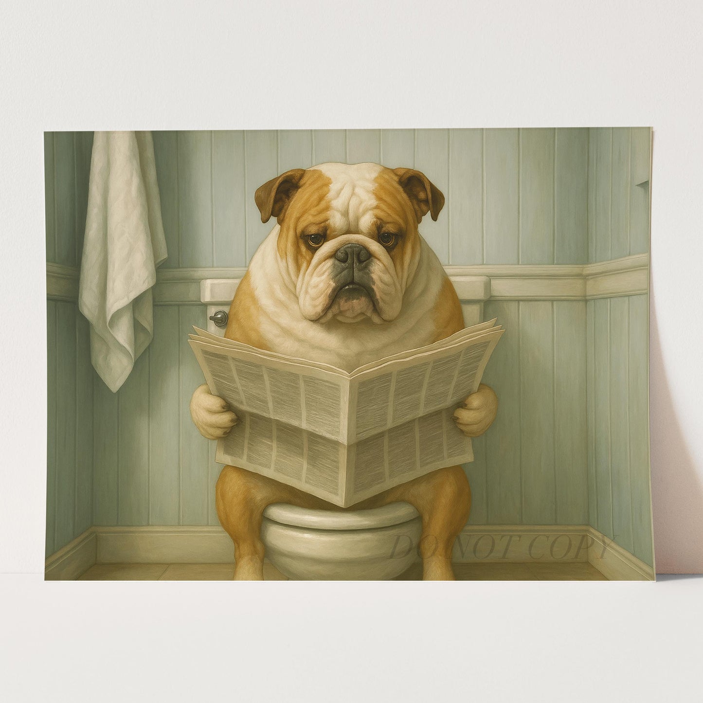 Bulldog Reading The Newspaper On The Toilet