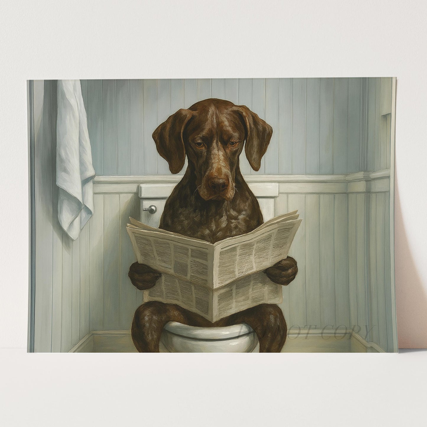 German Shorthaired Pointer Dog Reading The Newspaper On The Toilet
