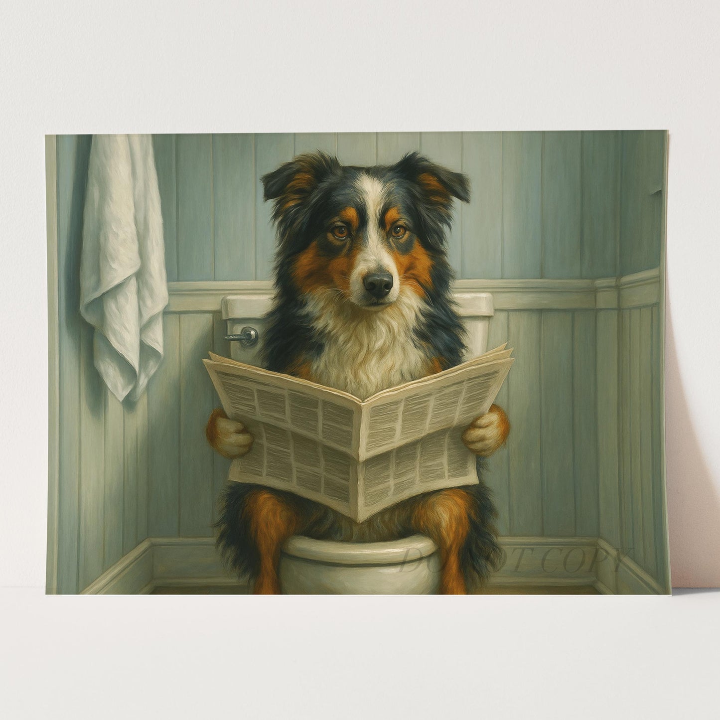 Australian Shepherd Dog On The Toilet Reading The Newspaper