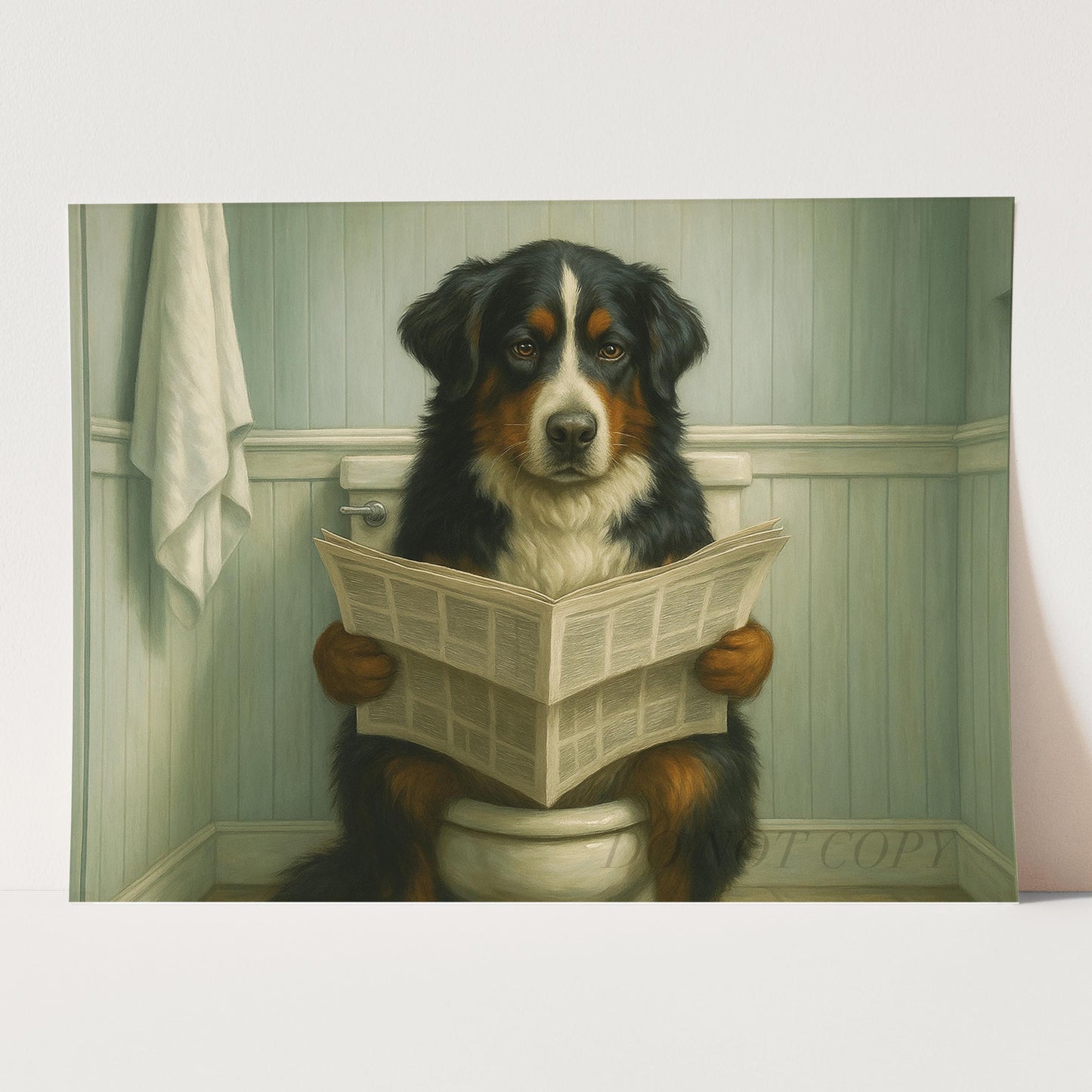Bernese Mountain Dog Reading The Newspaper On The Toilet