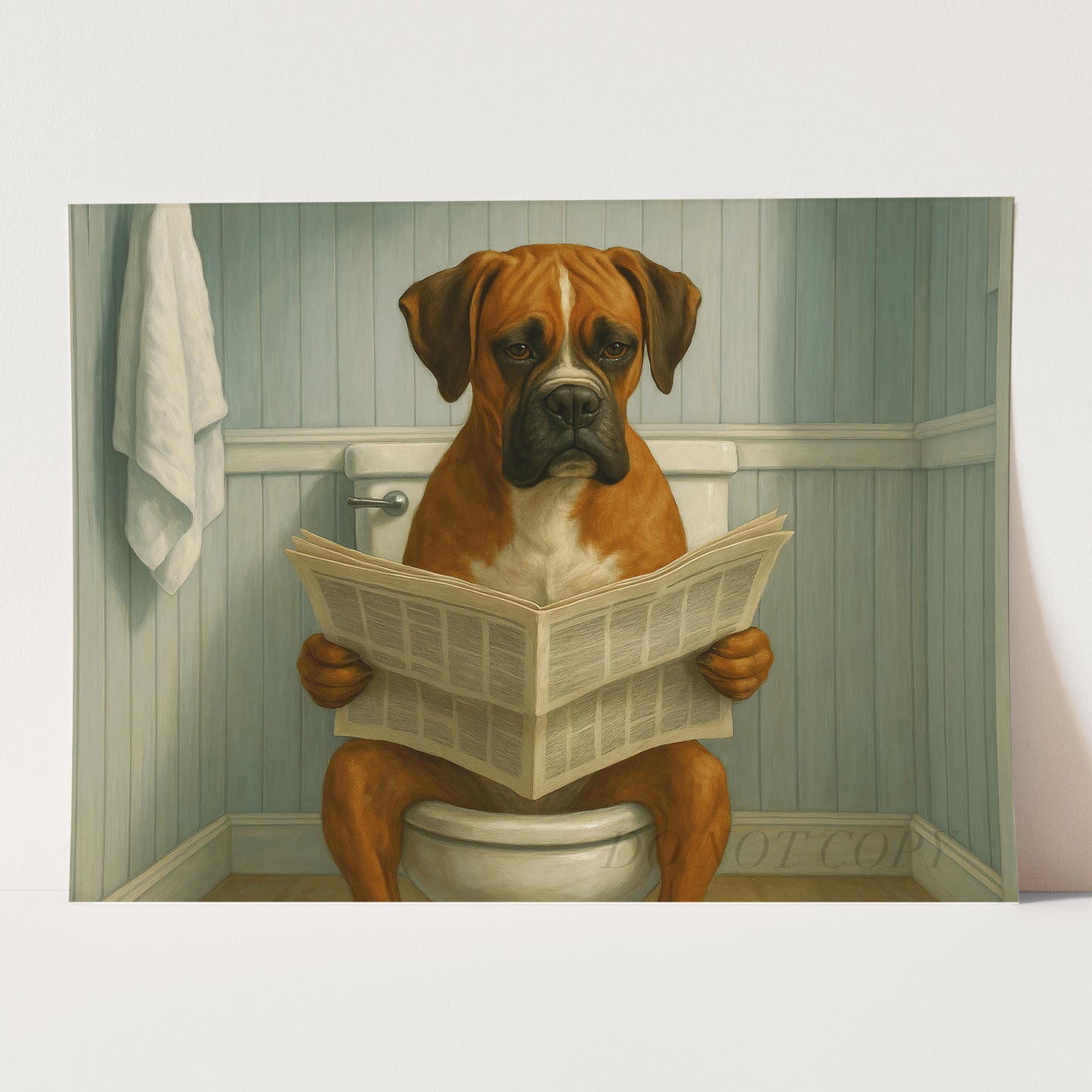 Boxer Dog Reading The Newspaper On The Toilet