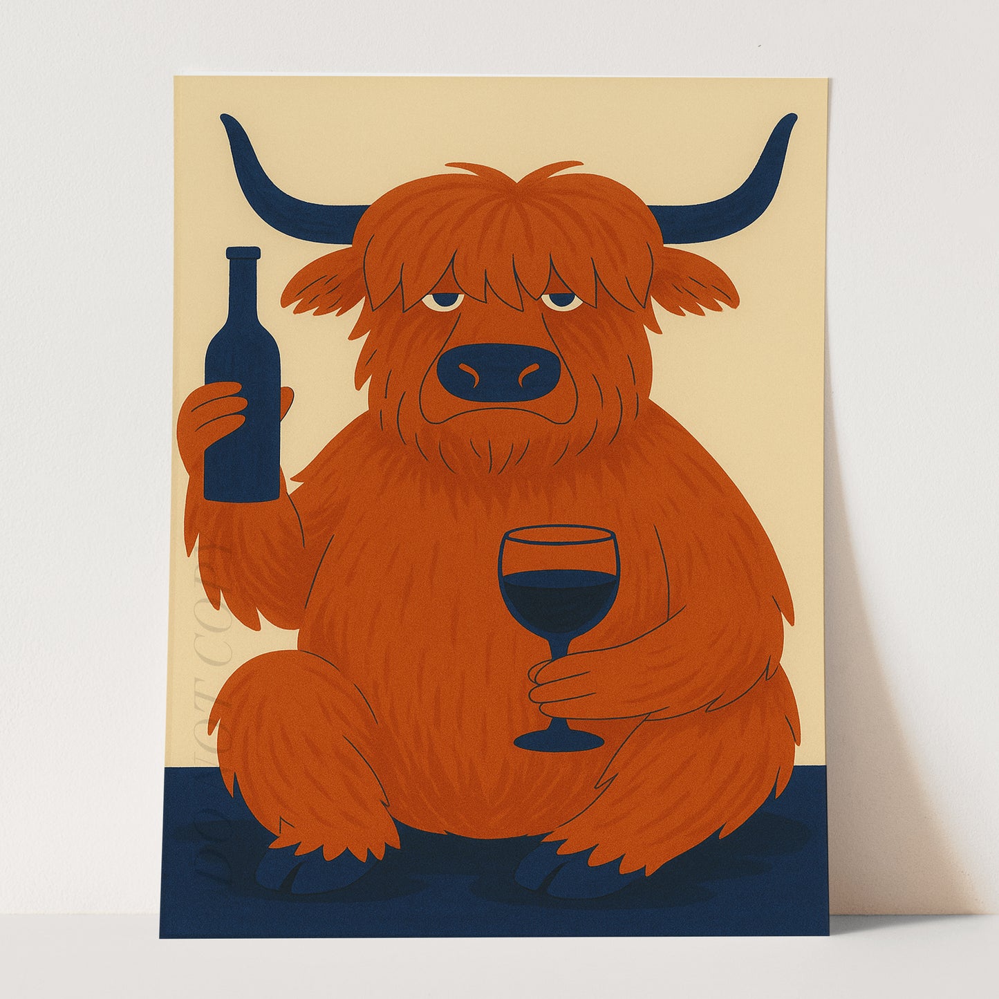 Highland Cow Drinking Wine Mid Century Modern